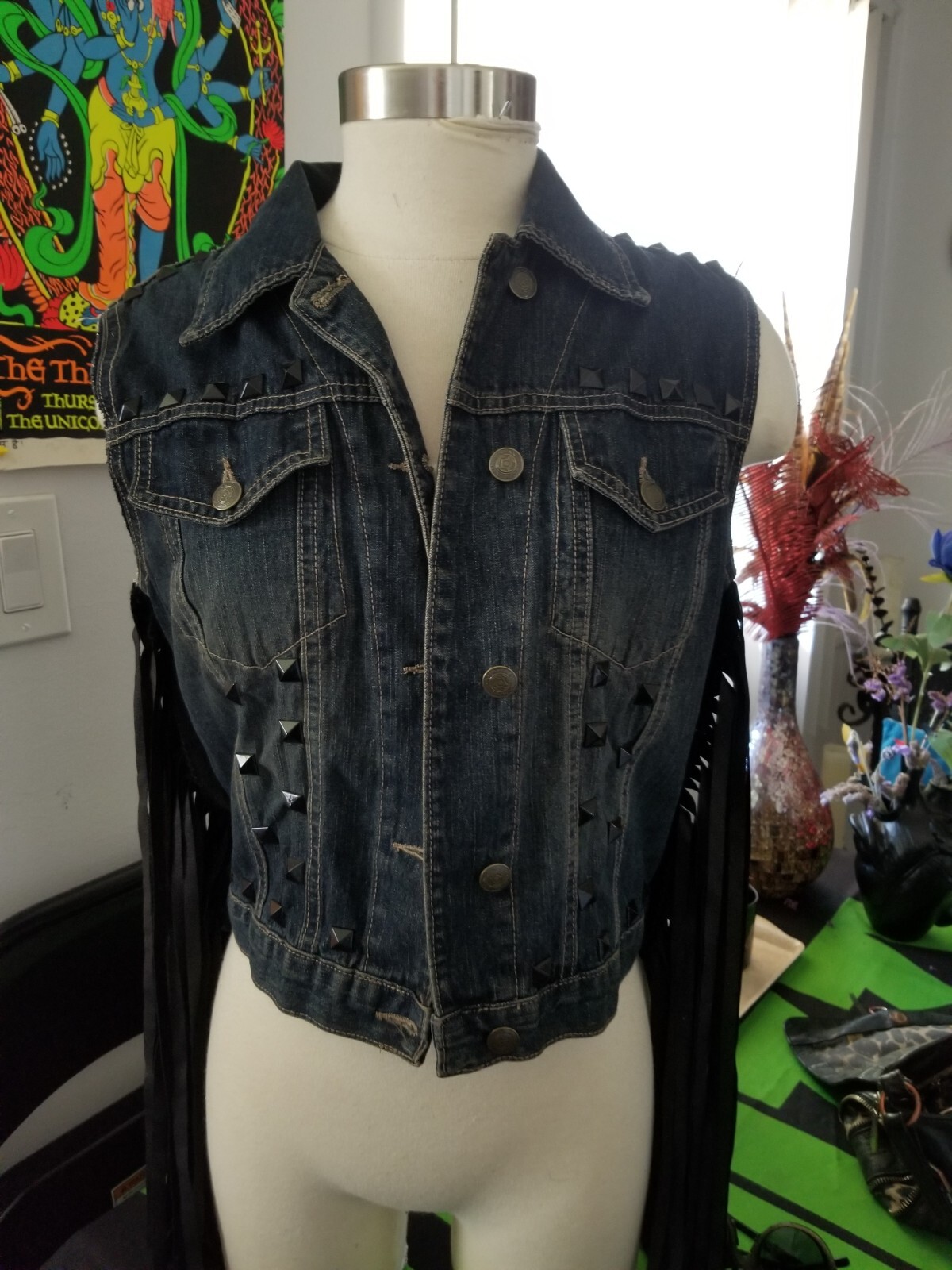 Denim Slayer Hell Awaits Tour patch vest with studs And, fringe.
