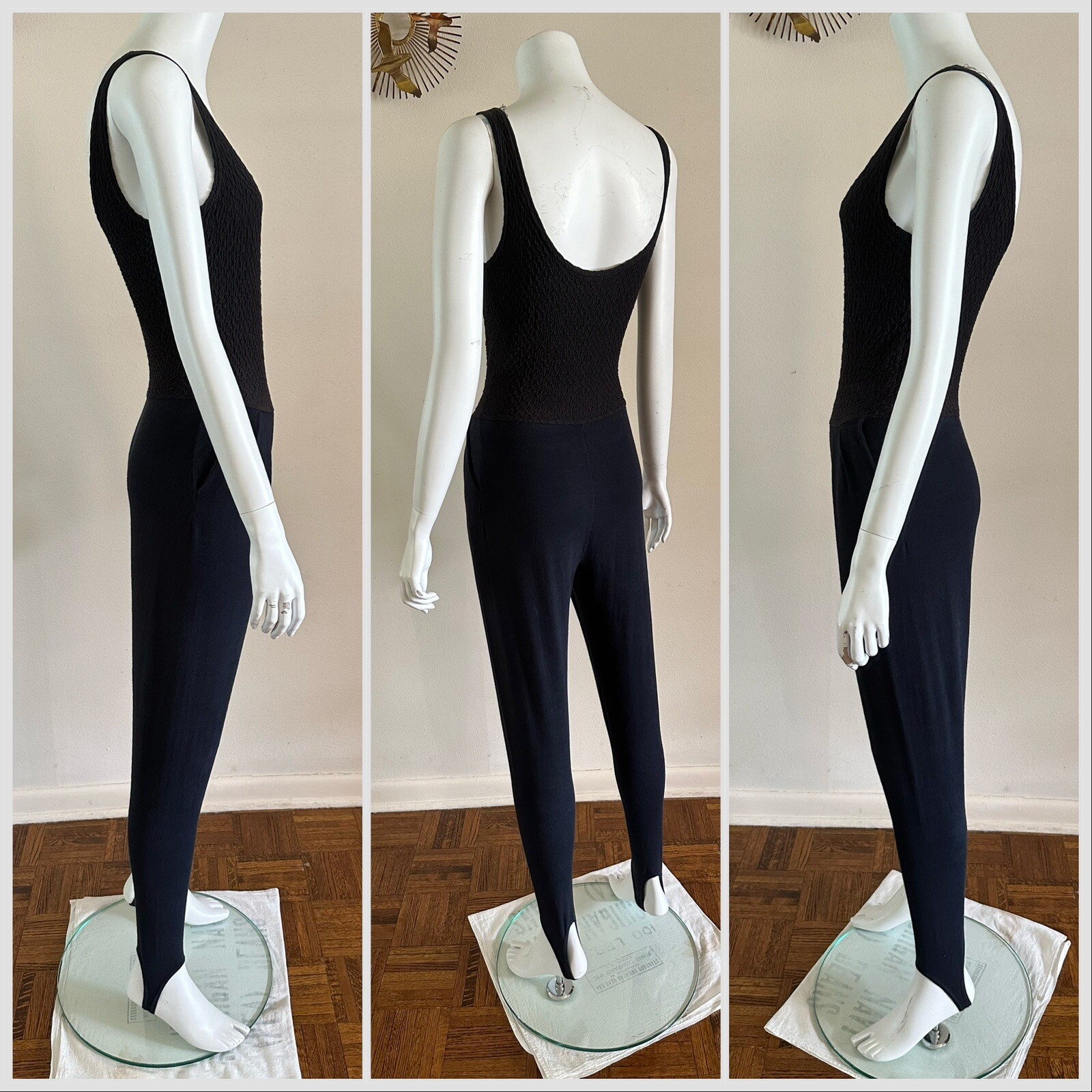 1990s Bettina Riedel NY Stirrup Pant Jumpsuit Romper Pleated Black Catsuit S VTG