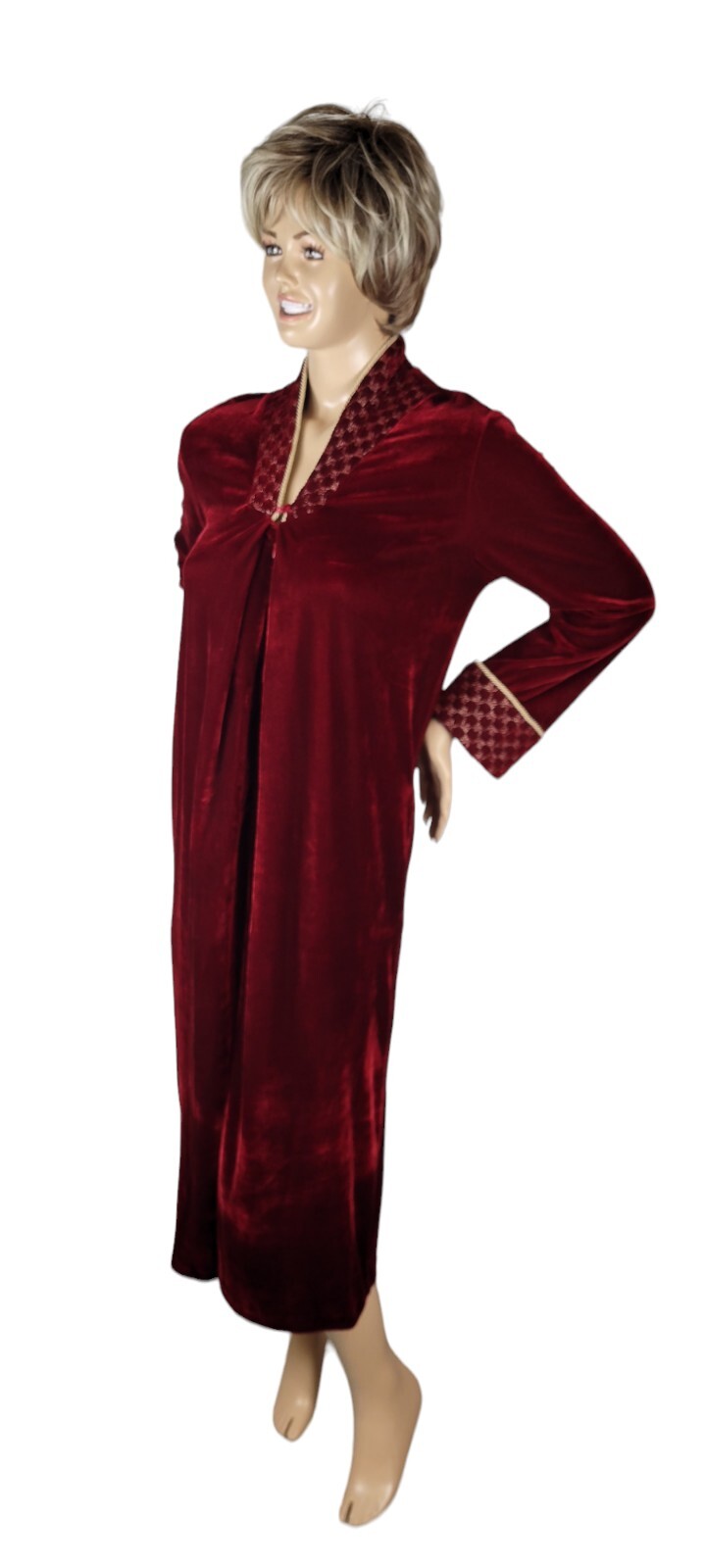 Vintage Whispers Velvet Velour Red & Gold House Coat Robe Nightgown Size Small