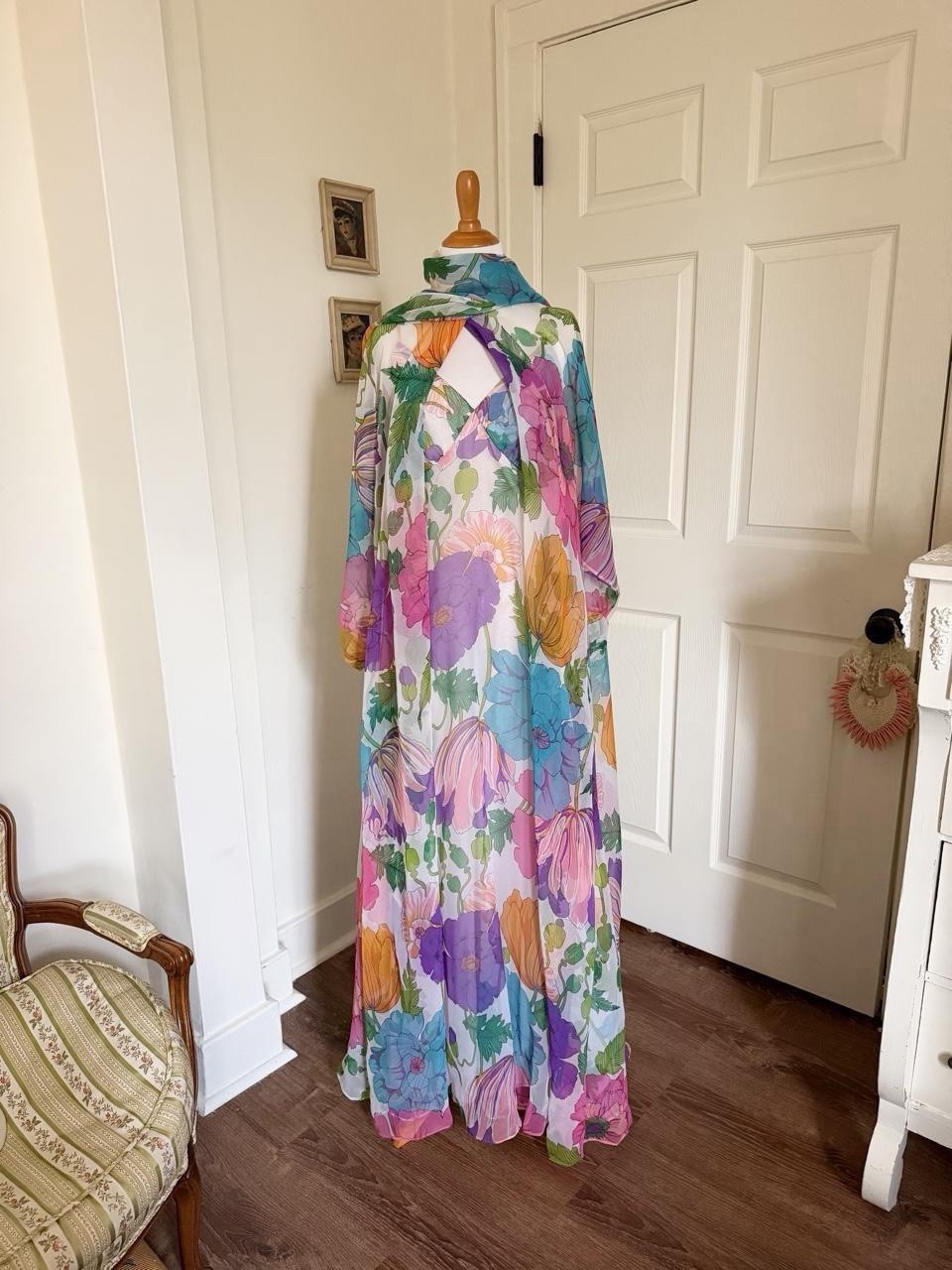 Vintage 1970s Colorful Rainbow Floral Maxi Dress and Cape Set – Small