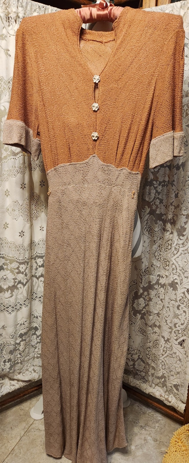Vintage 1930s Two Tone Tan Knit Rayon Dress S
