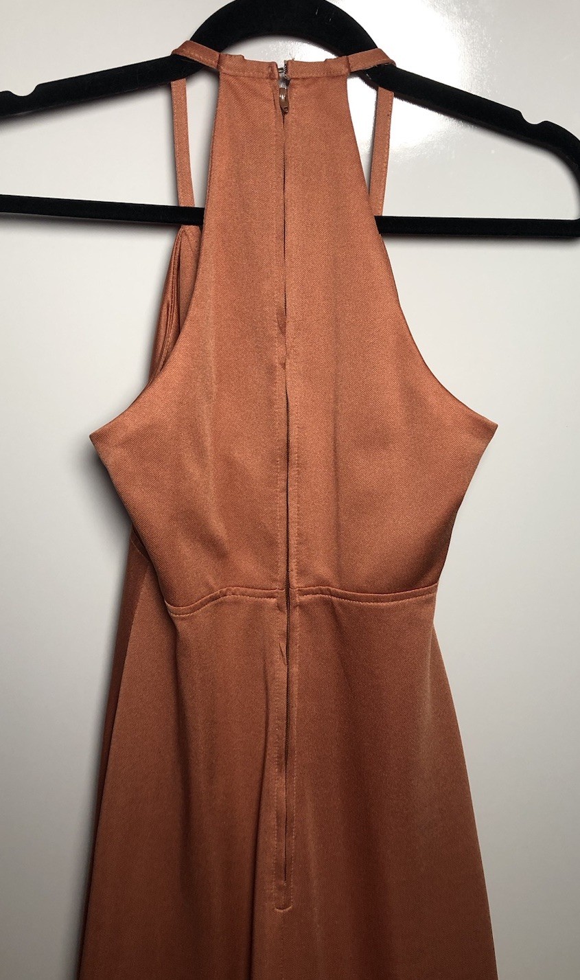 Vtg 70s Halter Maxi Dress Burnt Orange Boho Disco Evening 30-28-34 S/XS DAMAGED