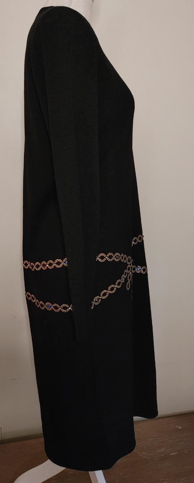 Vintage St John Saks Knit Dress 12 Black Santana Sweater Jeweled Chain Waist 80s