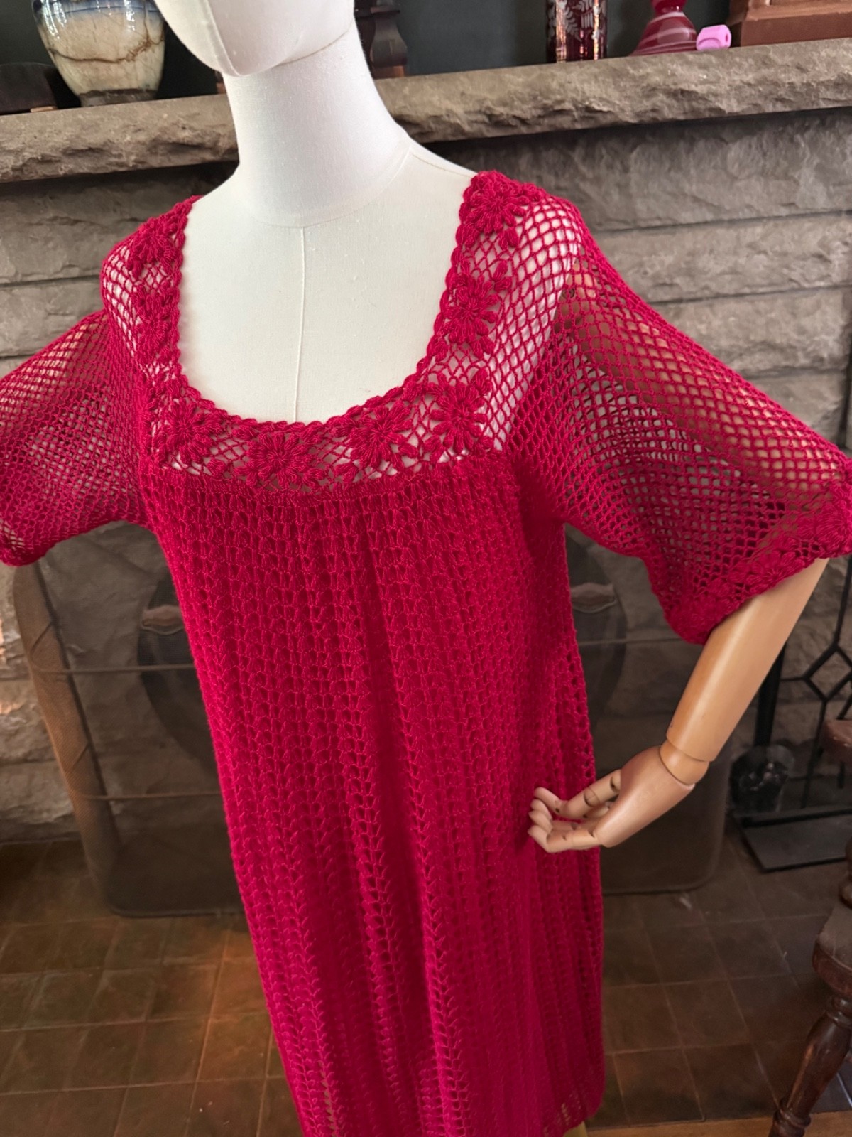Vintage Loose Fit Red Crocheted Dress Large Bust 42 Thums Up