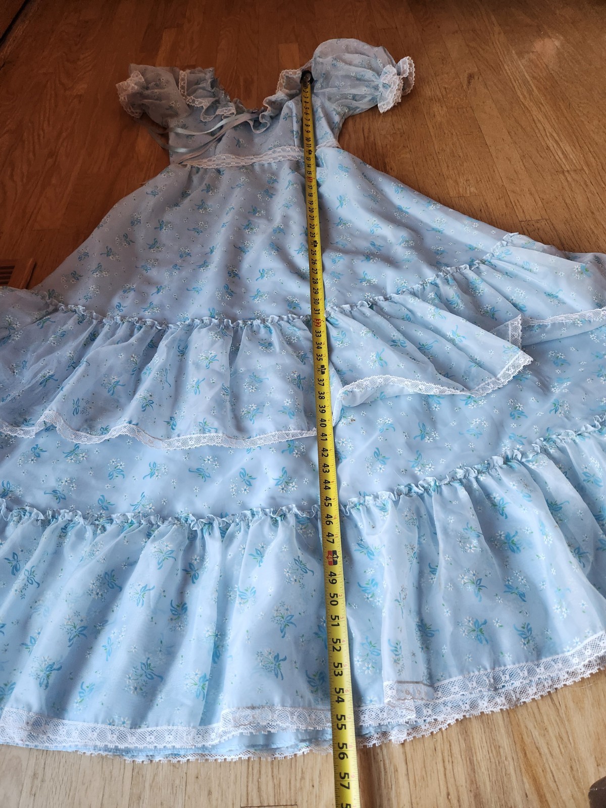 VTG ALFRED ANGELO BLUE VICTORIAN LONG BALL GOWN*FLOCKED FLORAL PRINT*sz16*VGUC