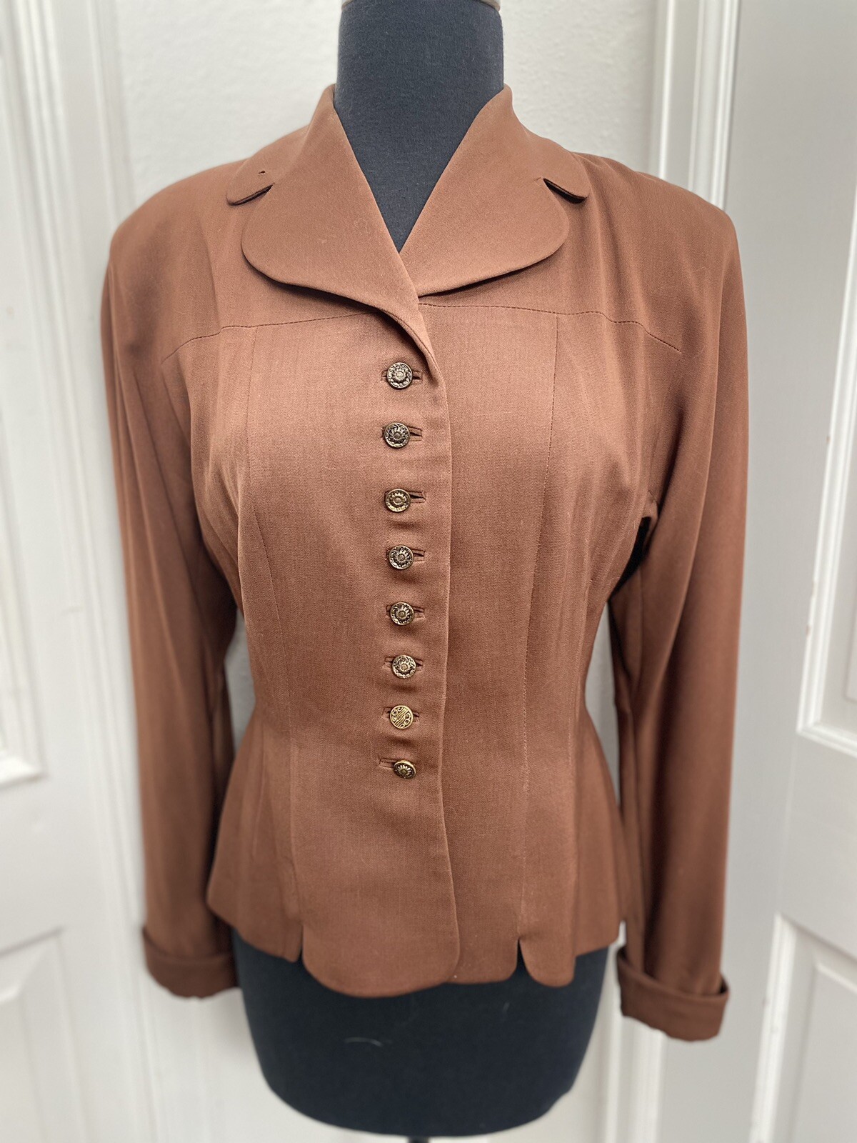 1940’s Gabardine Fitted Jacket Swansdown Benrix Chicago Carnival Glass Buttons