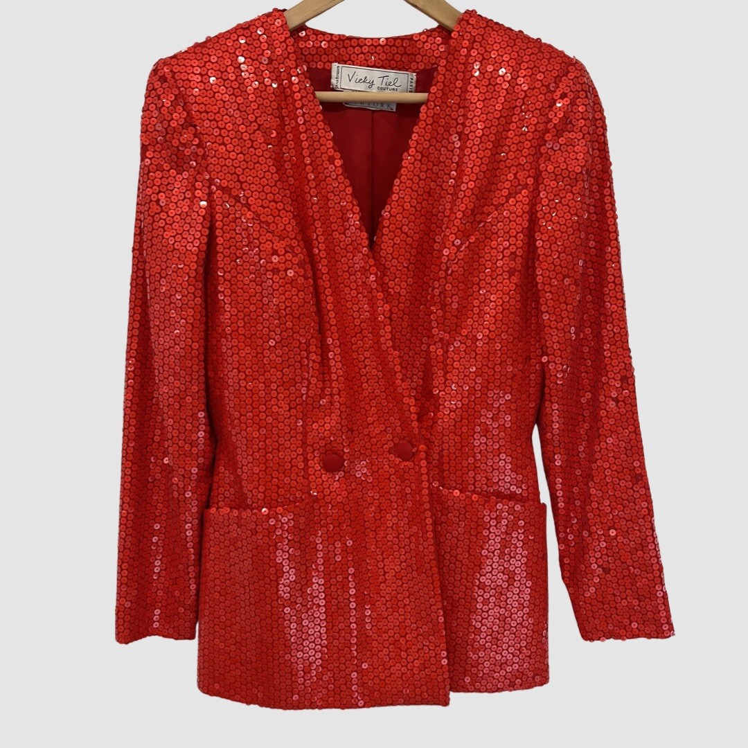 Vicky Tiel Couture Vintage Red Sequin Blazer Size XS/S