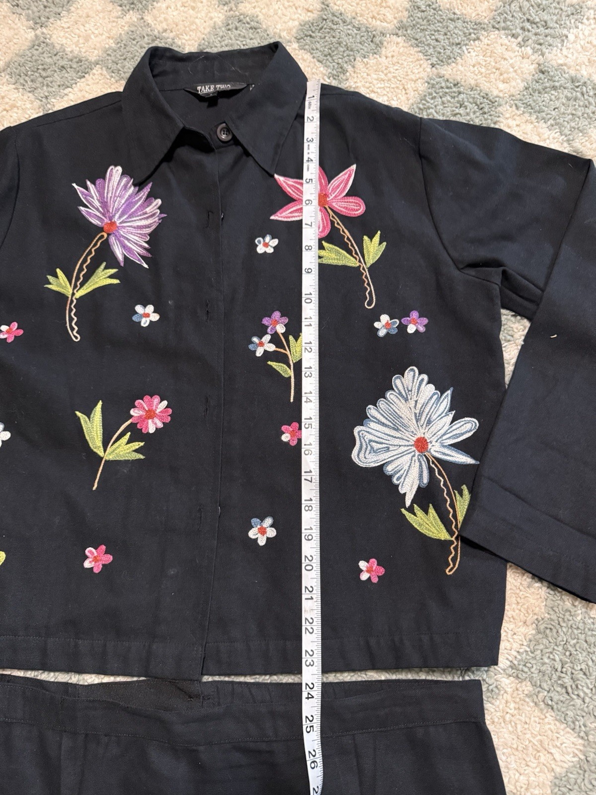 TAKE TWO 100% Cotton Vintage Floral Embroidered Black Jacket and Skirt Set Large