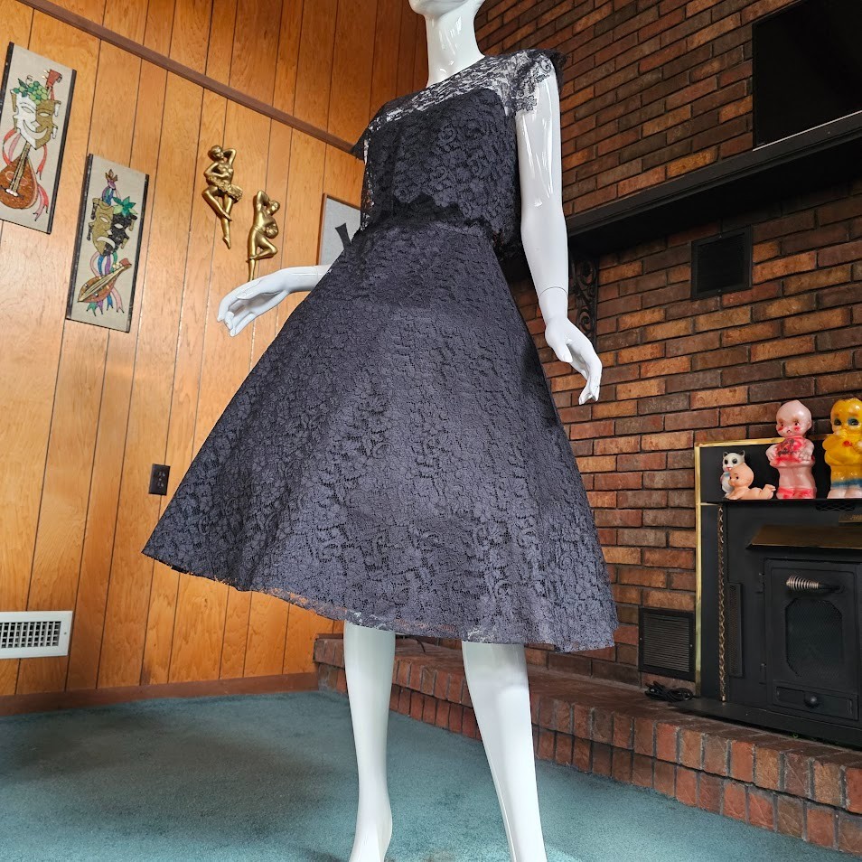 Vintage 1950s Black Lace Circle Prom Evening Cocktail Party Dress w/ Bolero XS/S
