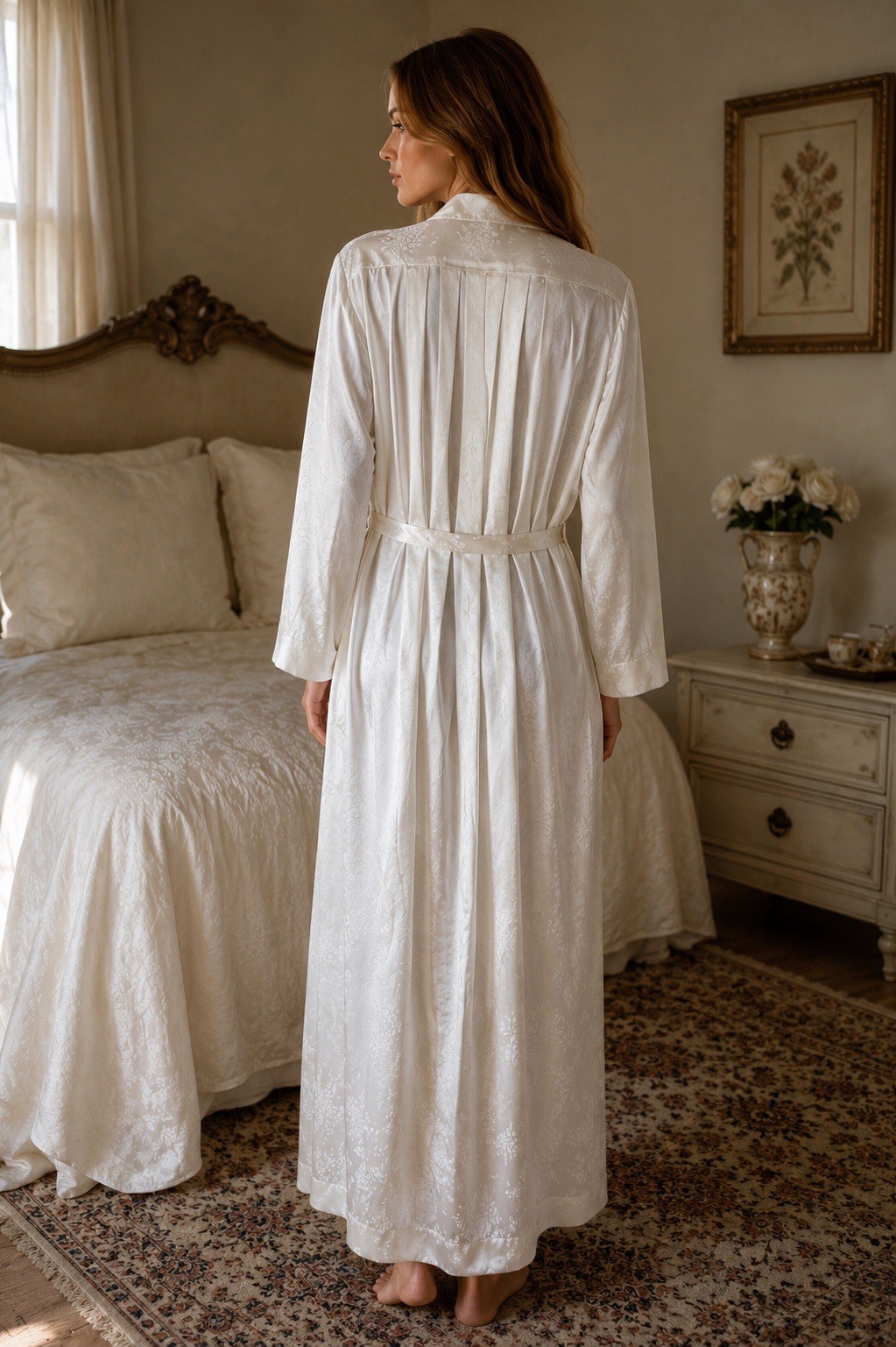 Christian Dior VTG Ivory Floral Jacquard Robe Dressing Gown Full Length L