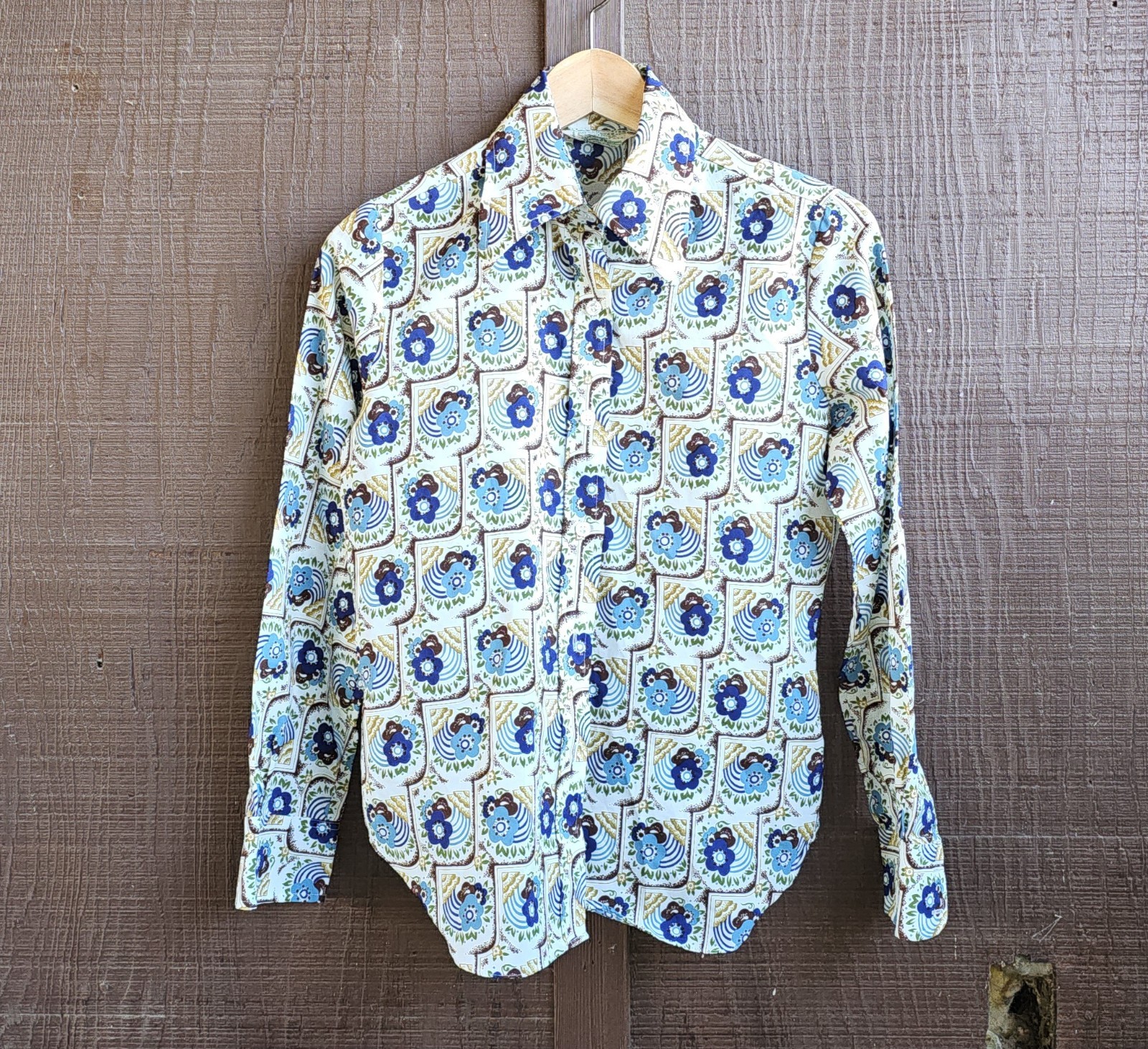 Vintage 70s Sears Jr Bazaar Polyester Floral Long Sleeve Button Up Shirt Sz9
