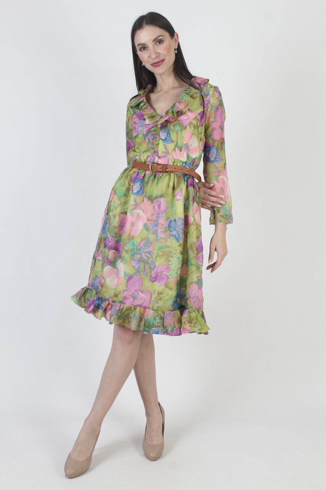 Vtg 60s Romantic Floral Dress Spring Pastel Garden Ruffle Knee Length Gown