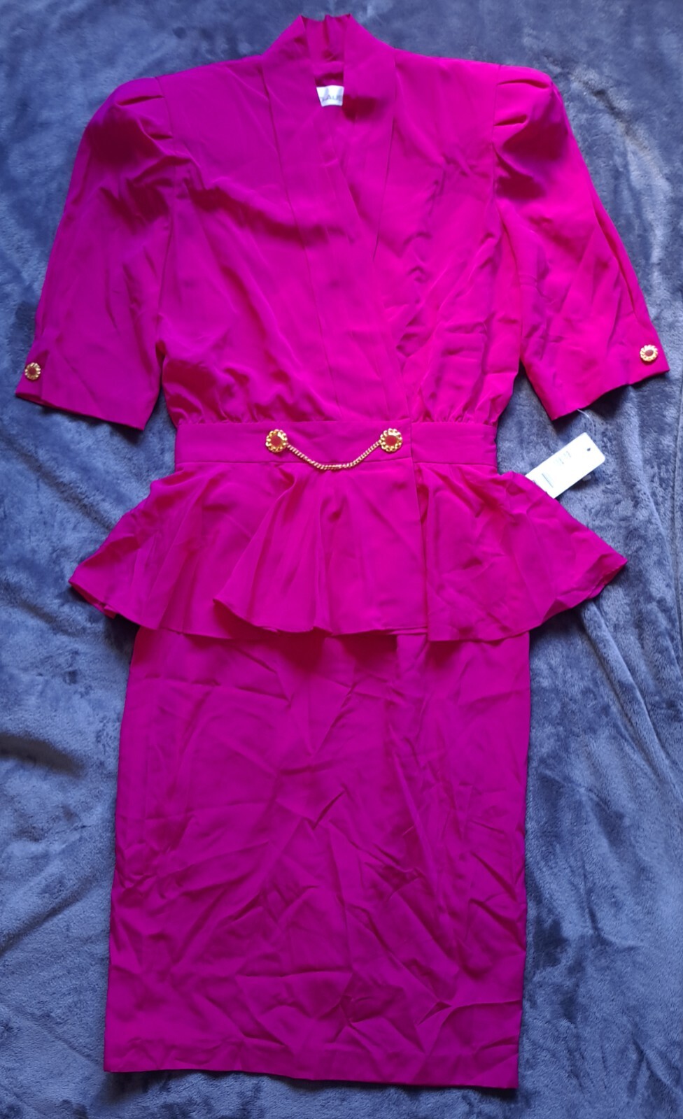 NwT 1980s Vintage MS CHAUS Magenta Pink Peplum Dress 10 S/M rich dynasty