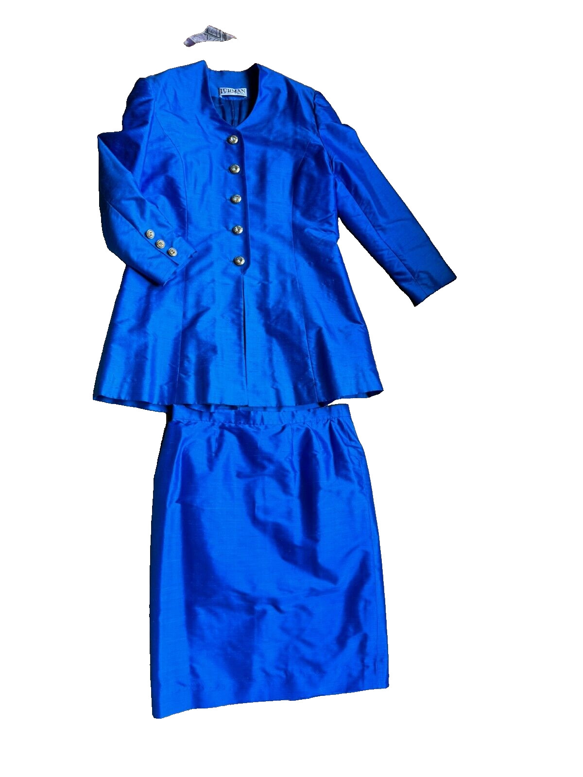 Vintage Silk Costume Royal Blue 38 40 Blazer Coat Jacket Pencil Skirt 80s 90s