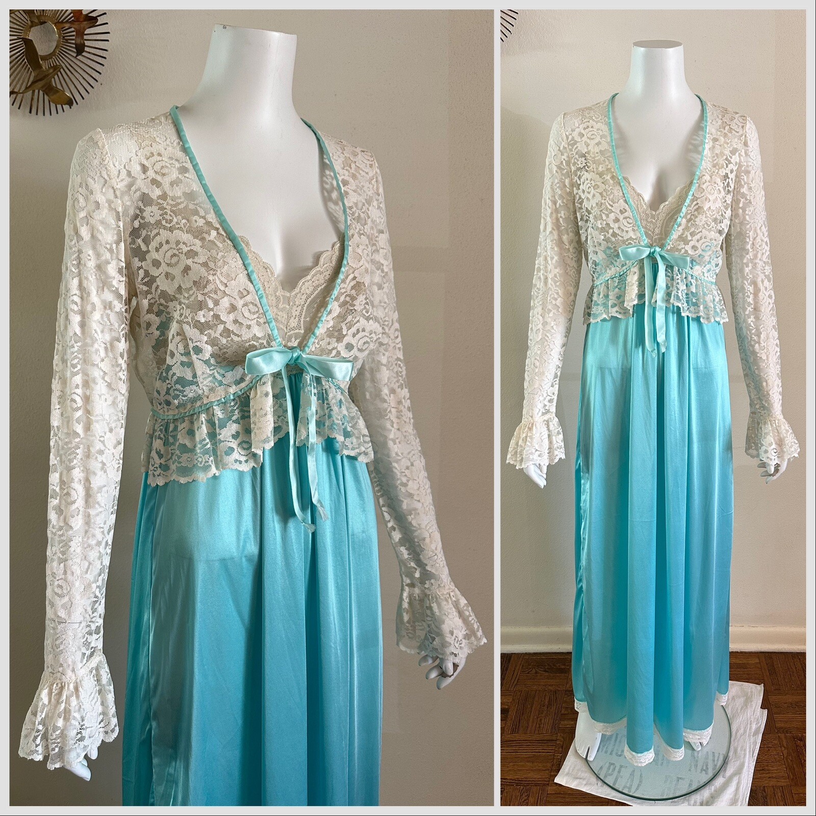 1970s Miss Elaine 2 Pc Lace Bed Jacket Negligee Nightgown Boho Hostess Gown VTG
