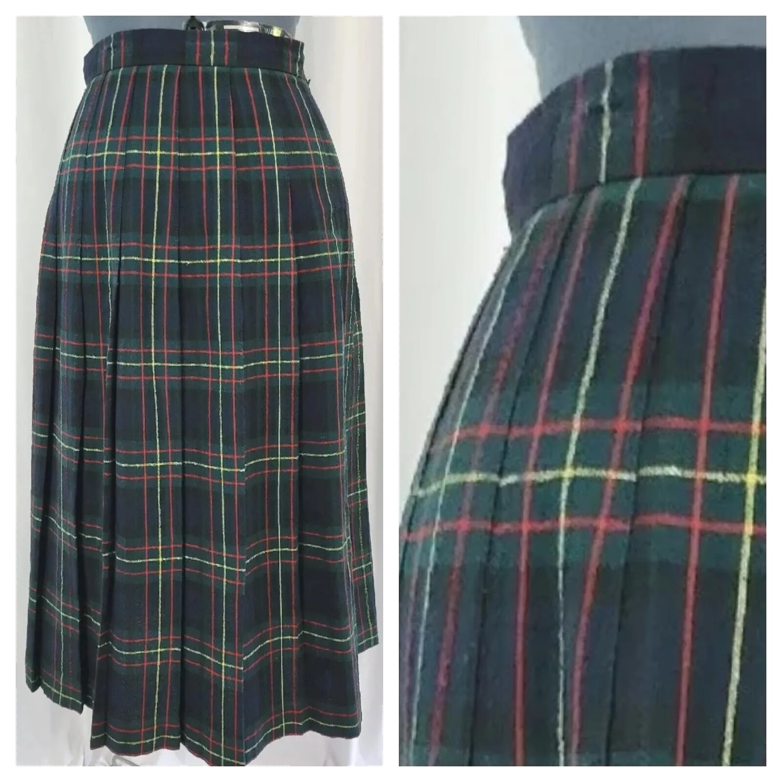 Vintage Isaac Hazan Green/Black/Red/Yellow Plaid Pleated Wool Skirt Size 8