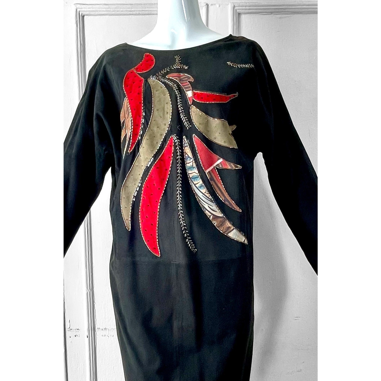 80s Suede Beaded Leather Dress Judith Ann Creations Applique Raglan Sleeve S