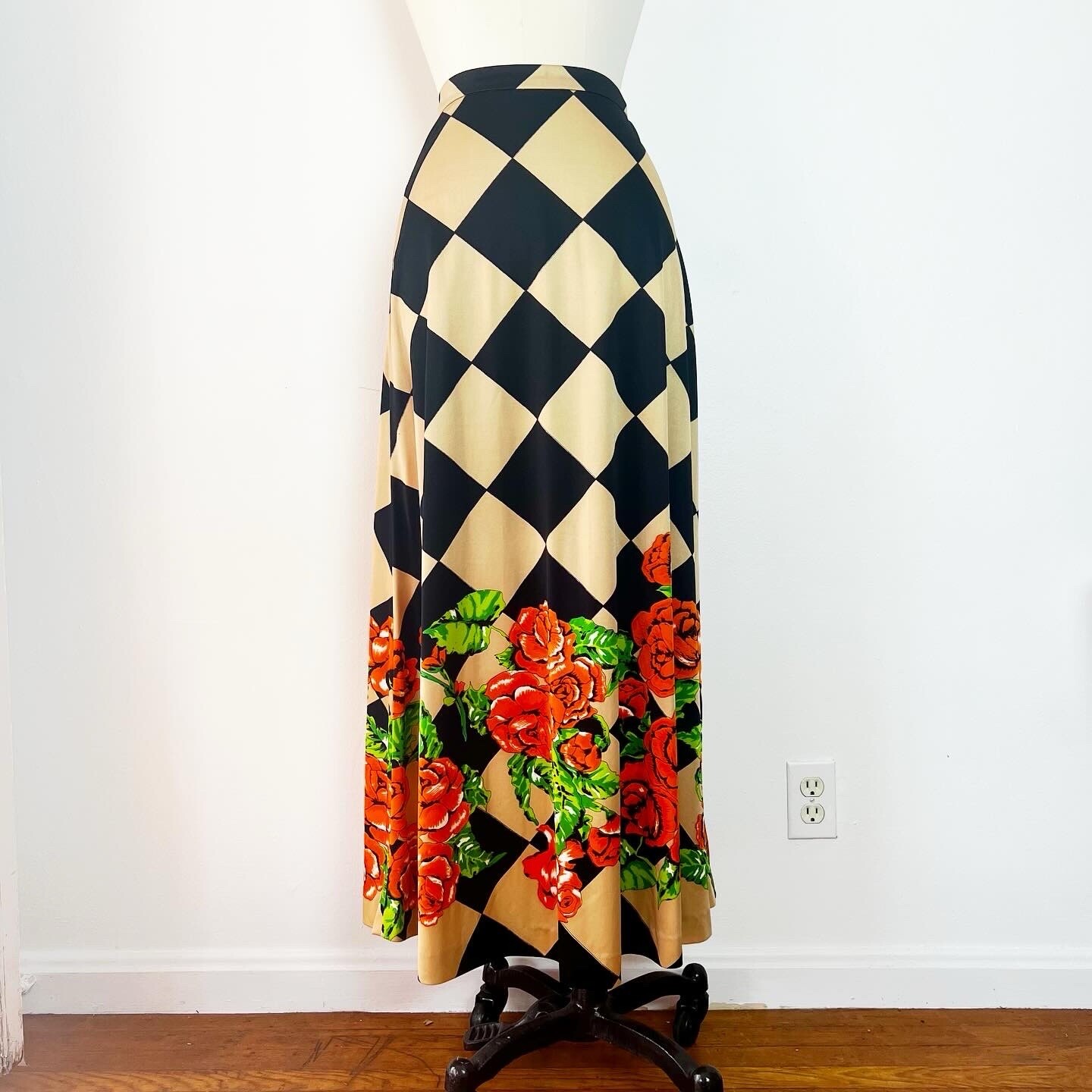 Mr. Dino SIGNED 60’s 60s 70’s 70s Vintage Diamond Rose Print Maxi Skirt 27w S M