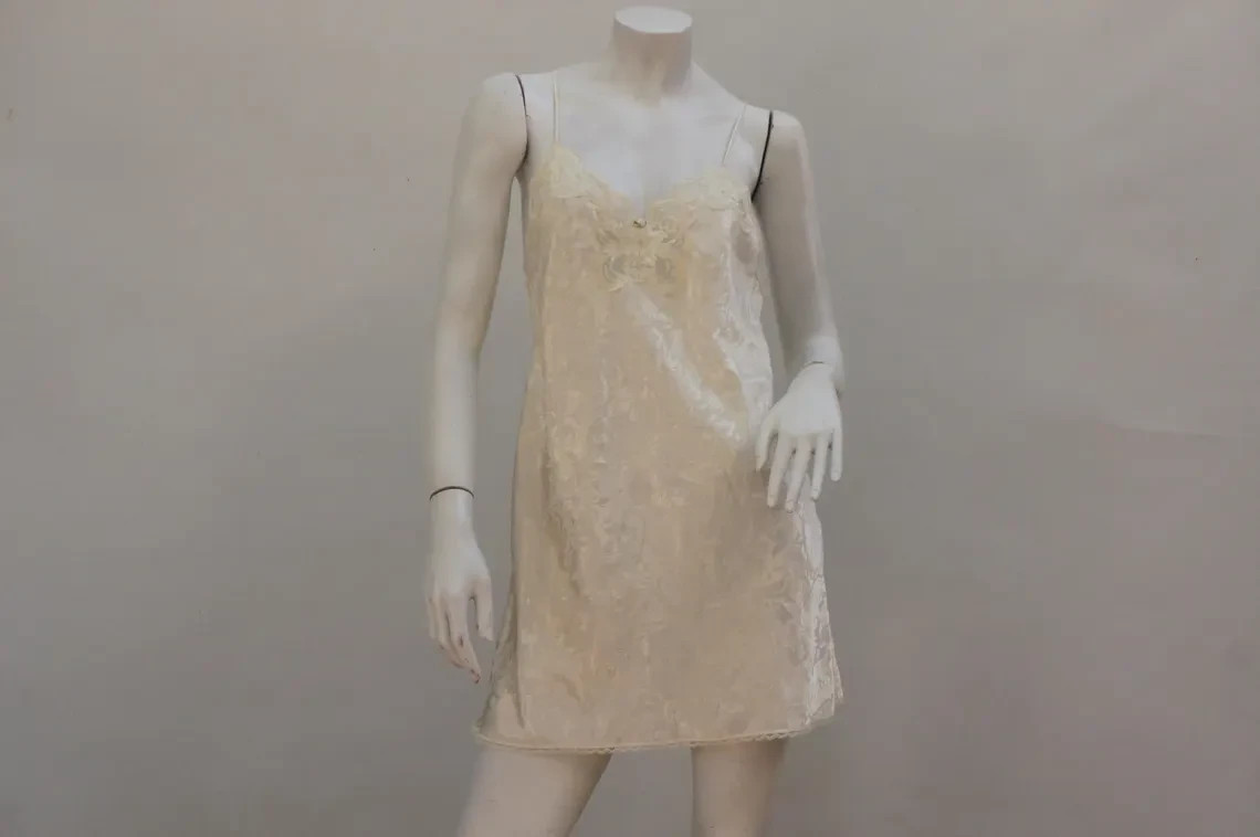 Vintage Creme Damask Print Short Satin Slip Dress By LA II Negligee Lingerie