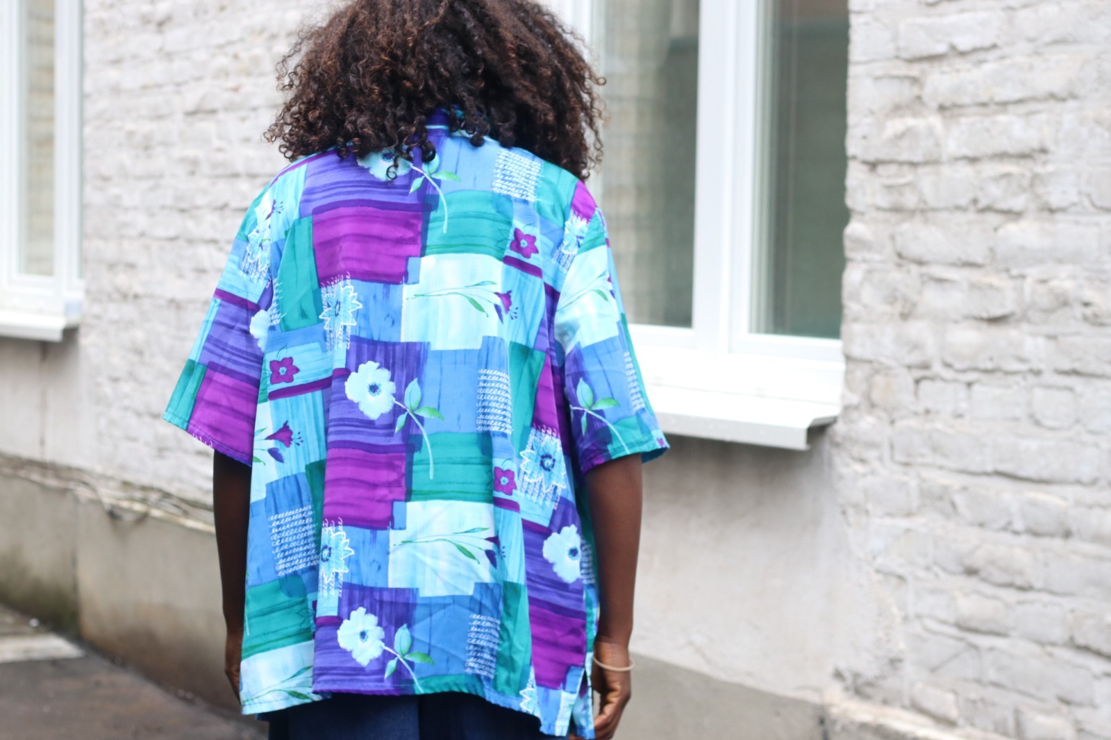 Vintage Blouse Abstract Pattern Blue Purple 90s Oversized Short Sleeve Shirt L