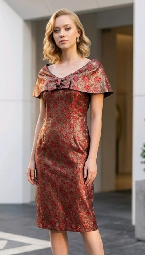 Vintage 60’s Sheath Cocktail Dress Red Gold Metallic Bow Elegant Luxury Glam S/M