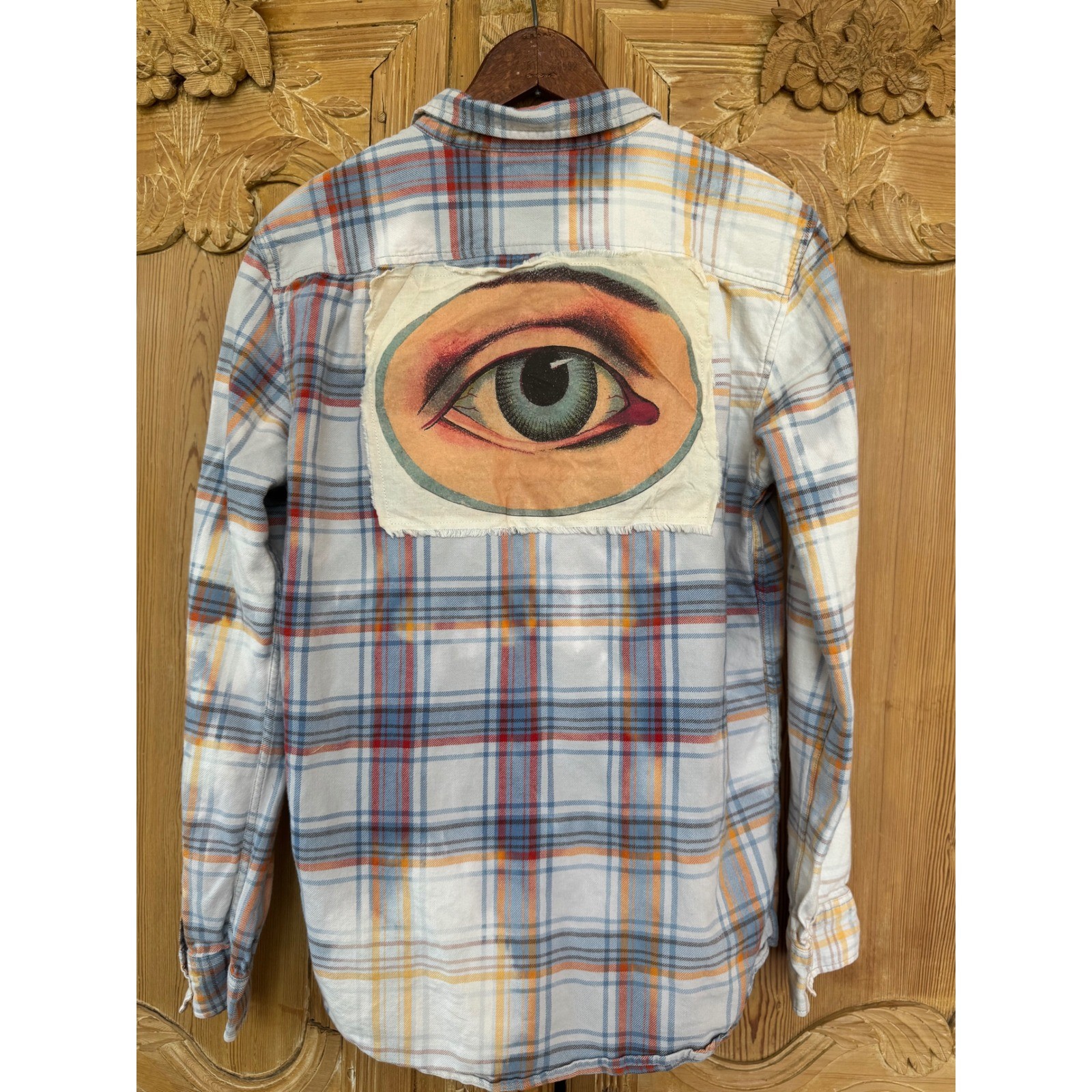 Upcycled Eye Patch Flannel Shirt Medium | Folk Art Plaid Button Down