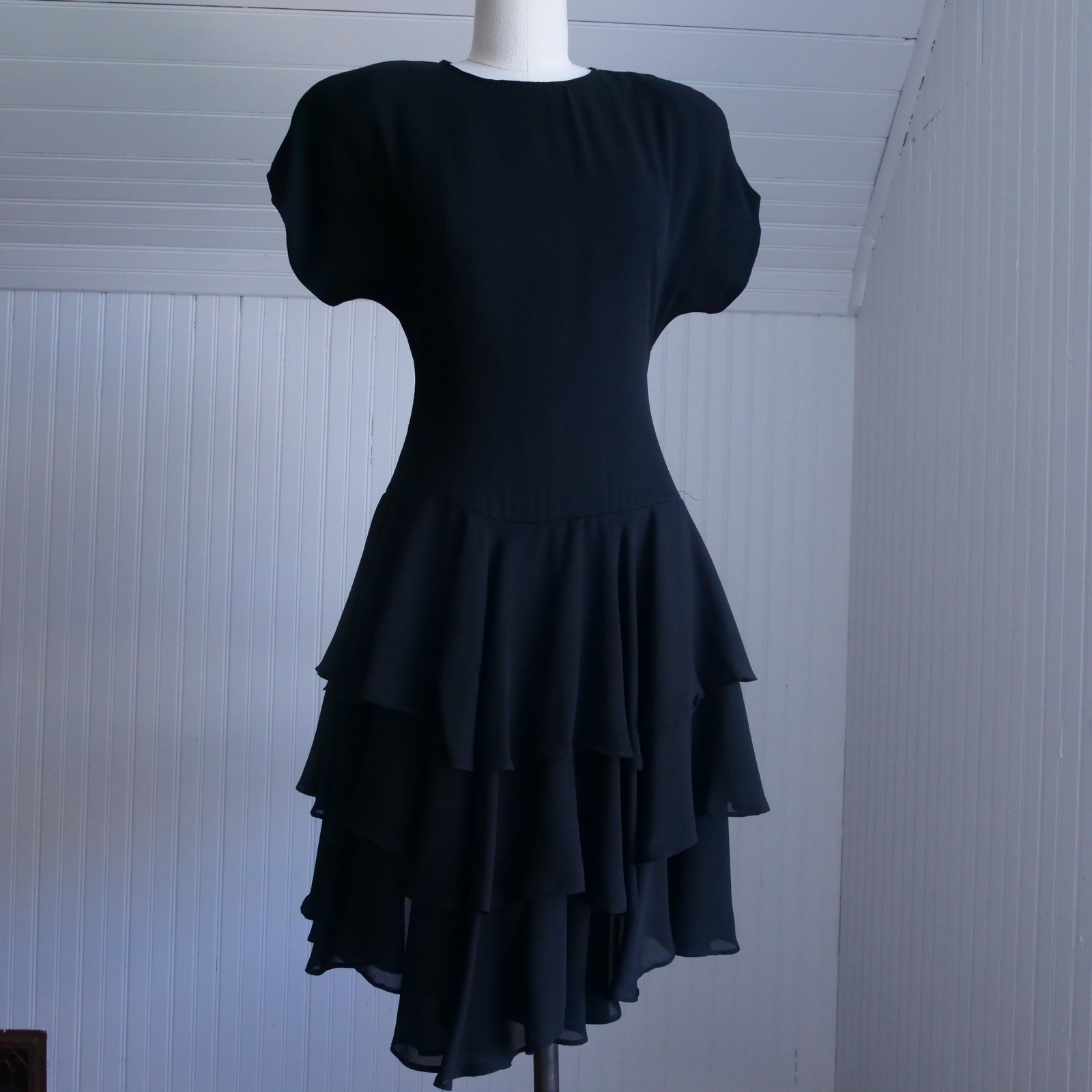 Great vintage 1990s Samantha Black dropped waist ruffle skirt black party dress