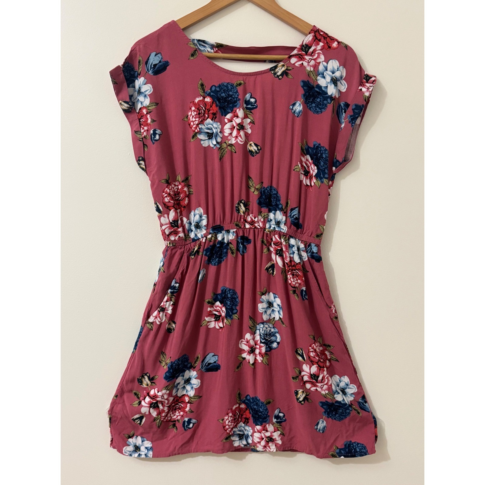 Pink Rose Vintage Floral Dress Medium Mauve Pink Boho Pocket Fit & Flare Rayon