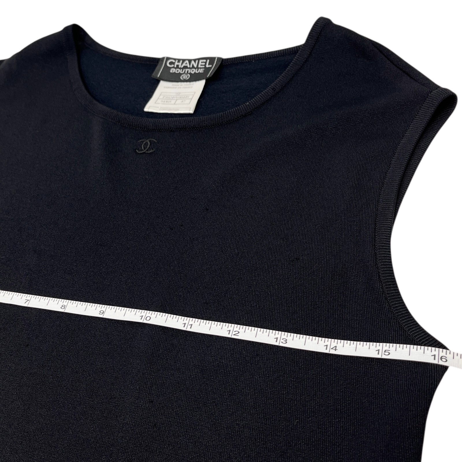 CHANEL Vintage 98P CC Logo Knit Tank Top #42 Round Neck Spandex Black Rayon