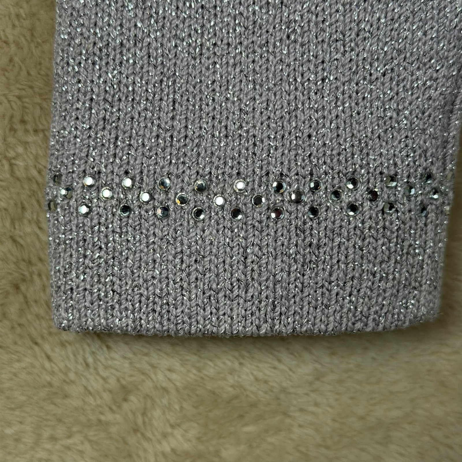 J.S.S. Vintage Women Metallic Knit Pant Suit Silver Wool Blend Rhinestone Petite