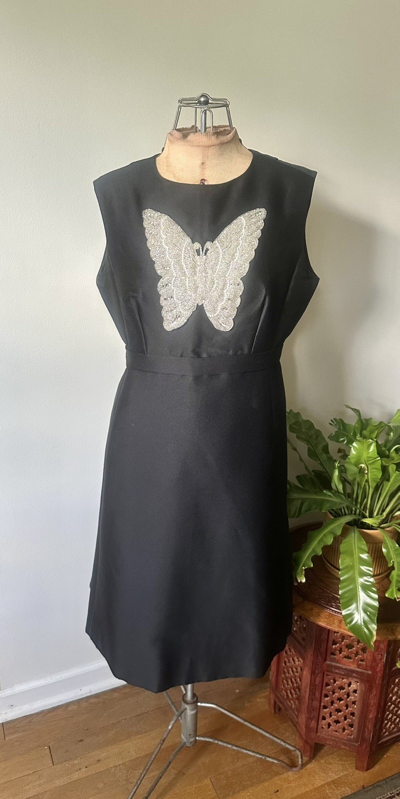 Dramatic 1960’s Black Shift With Large Silver Beaded Butterfly