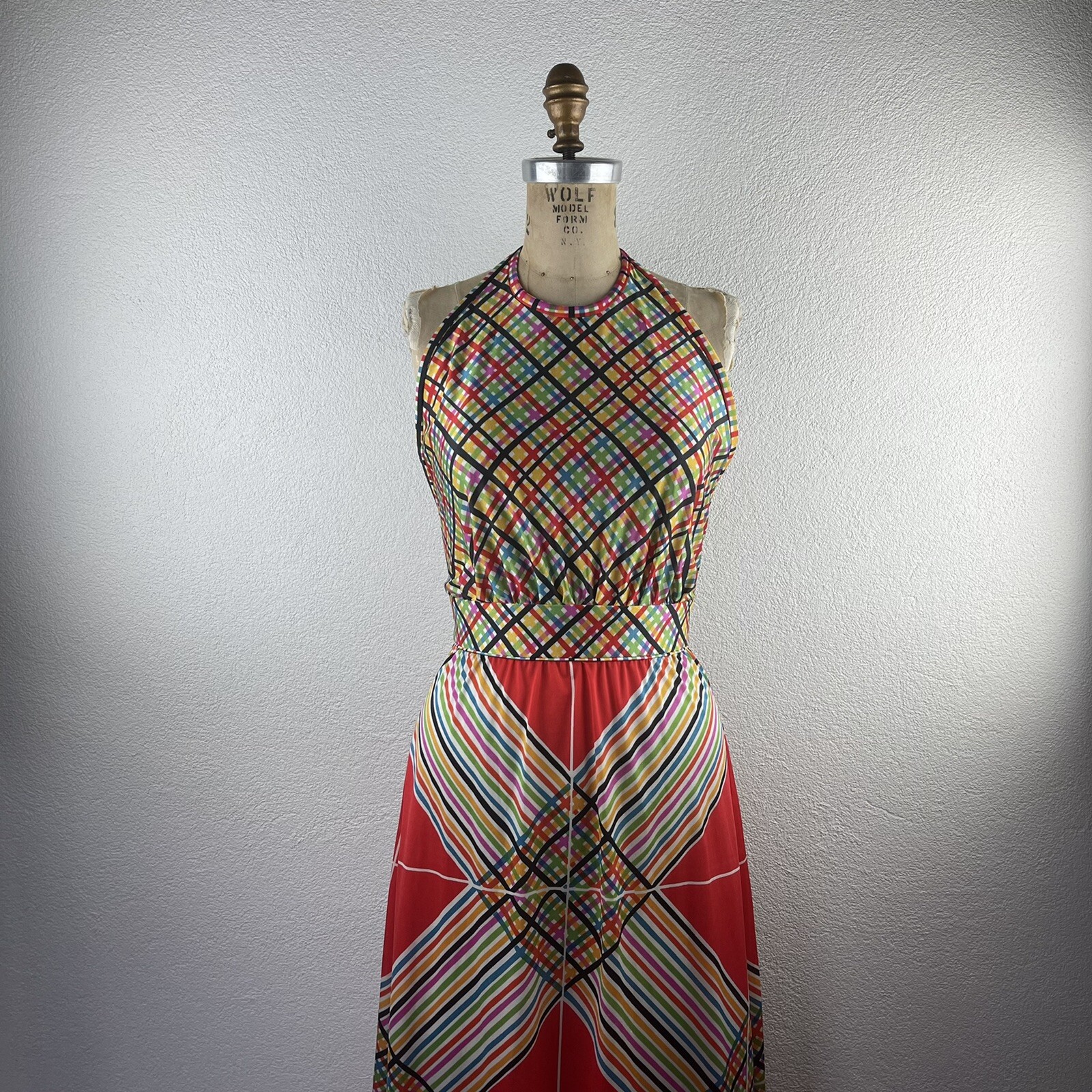 Vintage l 70s S Claire Larabee Colorful Rainbow Plaid Striped Halter Maxi Dress