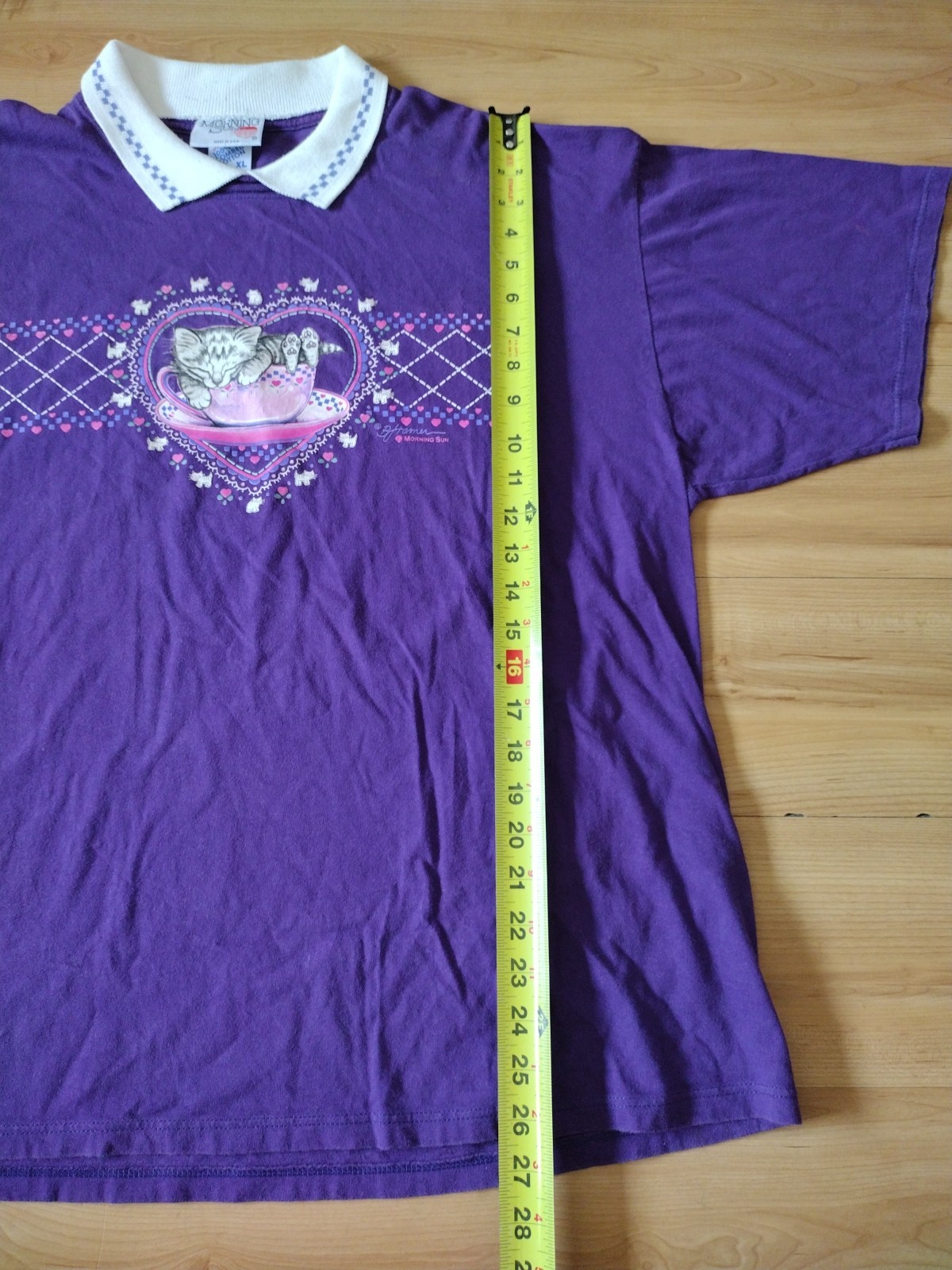 Vintage XL Grandma Style Morning Sun Jerzees Purple Cat Sleeping USA Made Shirt