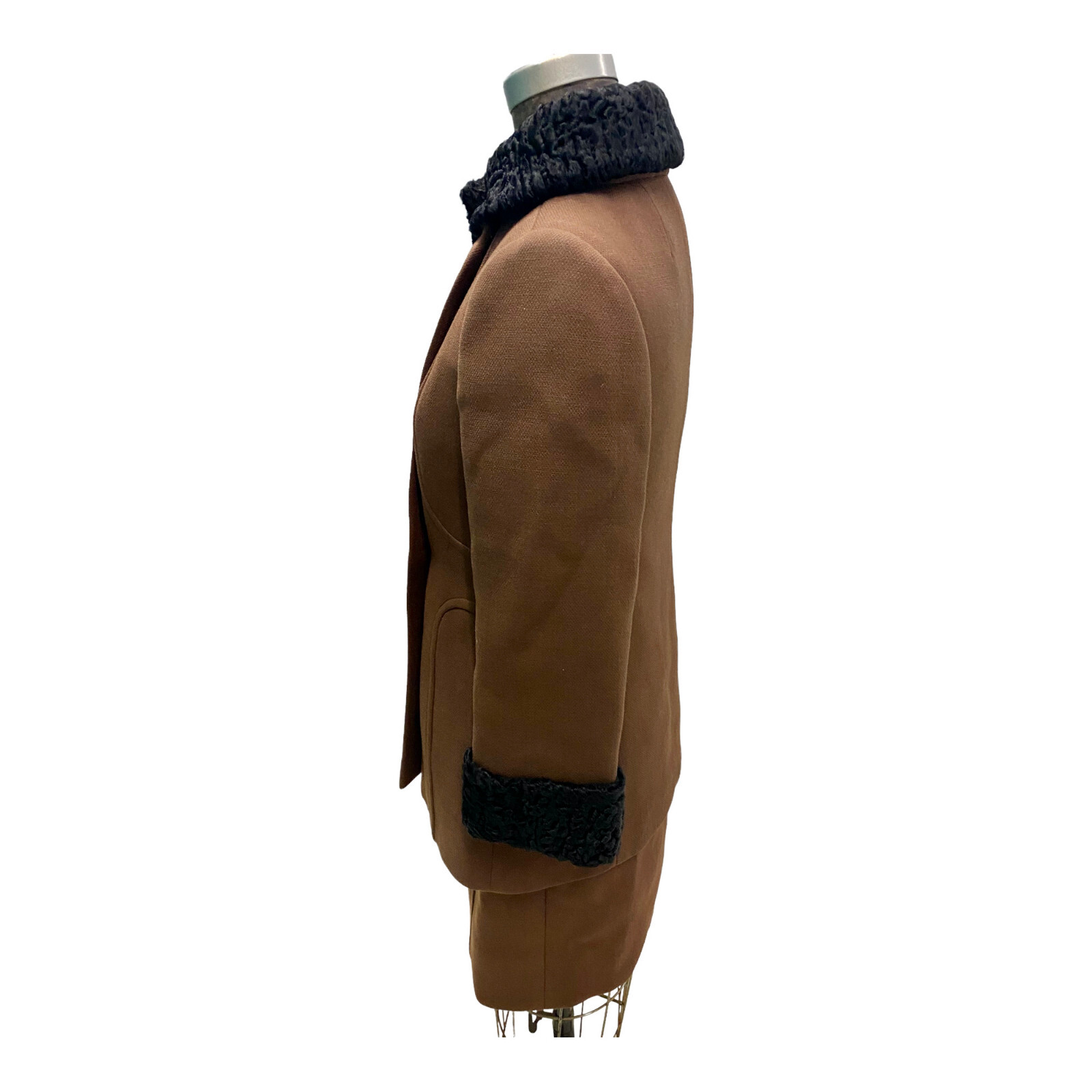 Vintage 1950s Brown Wool Coat Black Persian Lamb Trim & Dress Small