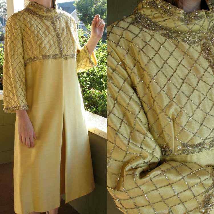VTG 60s Beaded Dress 2p Coat SET Lemon Shantung Silk AB Rhinestones Opulent M/L