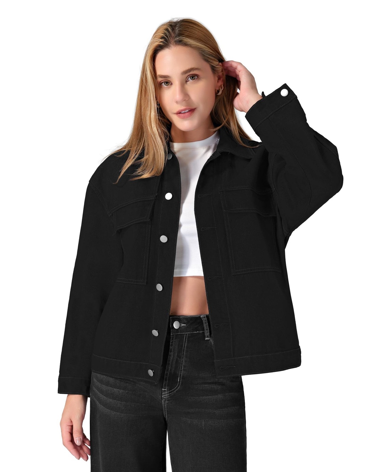 roswear Denim Jacket Coat for Women with Flap Chest Pockets Casual Oversized …