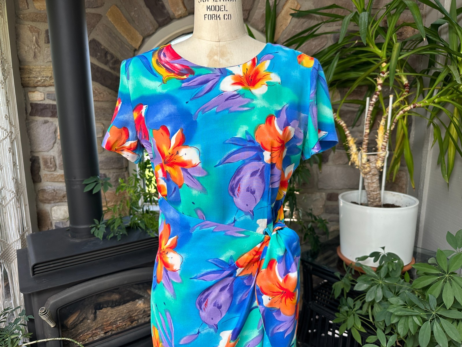 Vintage 1990s Blue and Orange Rayon Floral Sarong Style Dress K C Spencer