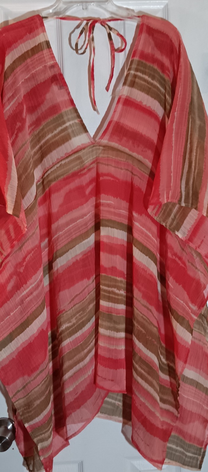 Womens Cafton Sheer Red Pink Brown White Boho Stripe Vintage House Dress Swim…