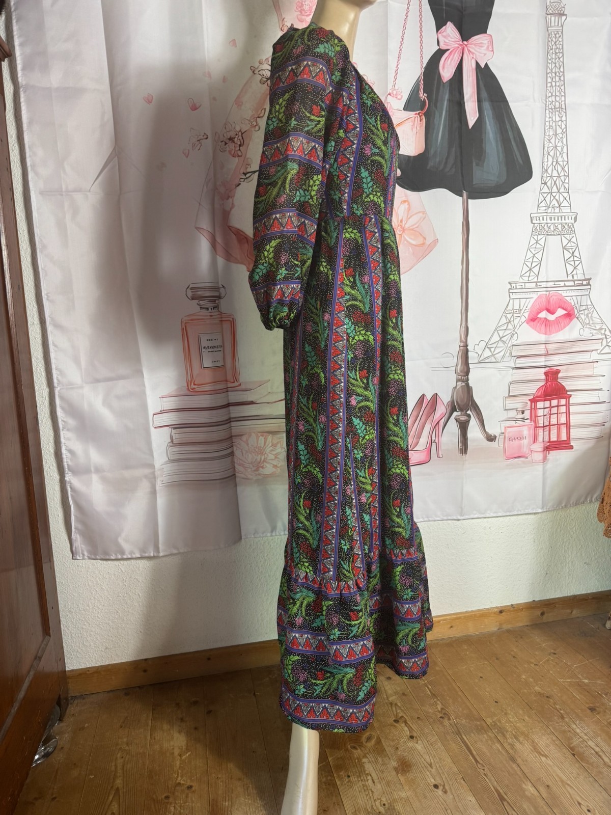 Vintage 70s Boho Maxi Dress Hippie Festival Dress Tricel XS S Floral