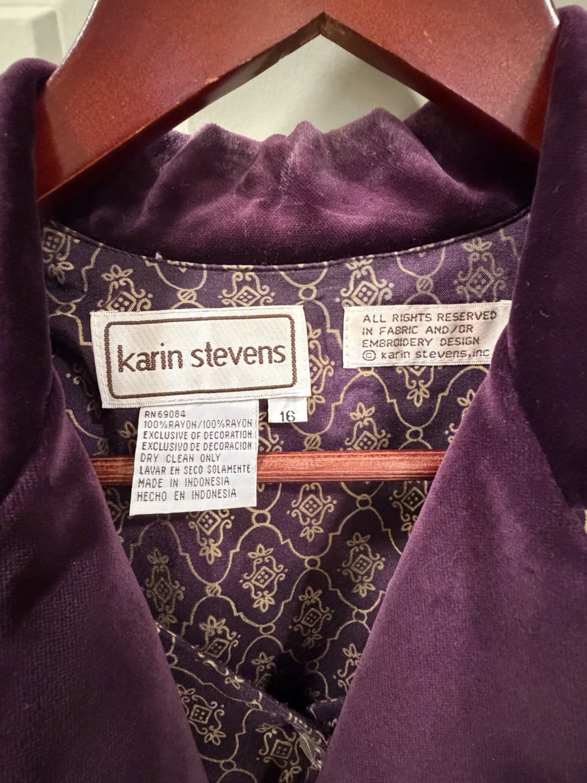 Vintage Karin Stevens Vested Maxi Dress, Gothic Purple & Gold, Velvet Collar XL