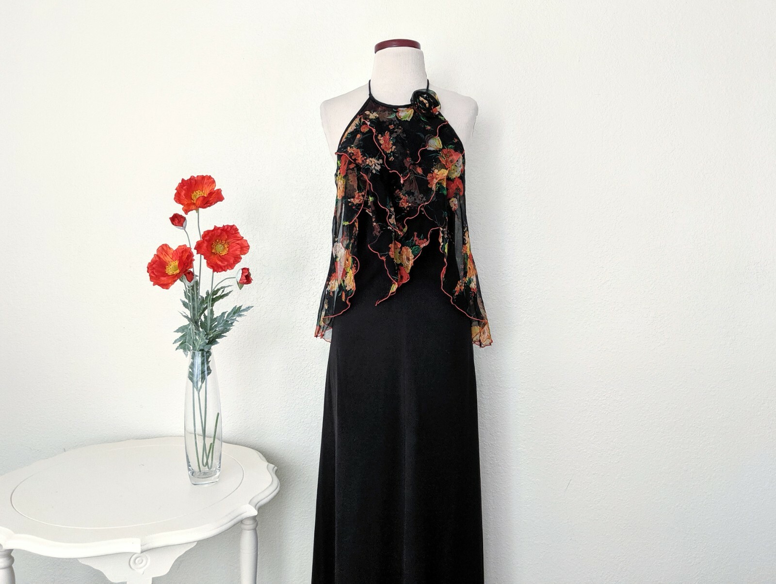 Vintage 70s Black Floral Maxi Dress, 1970s Boho Halter Top Long Jersey Dress
