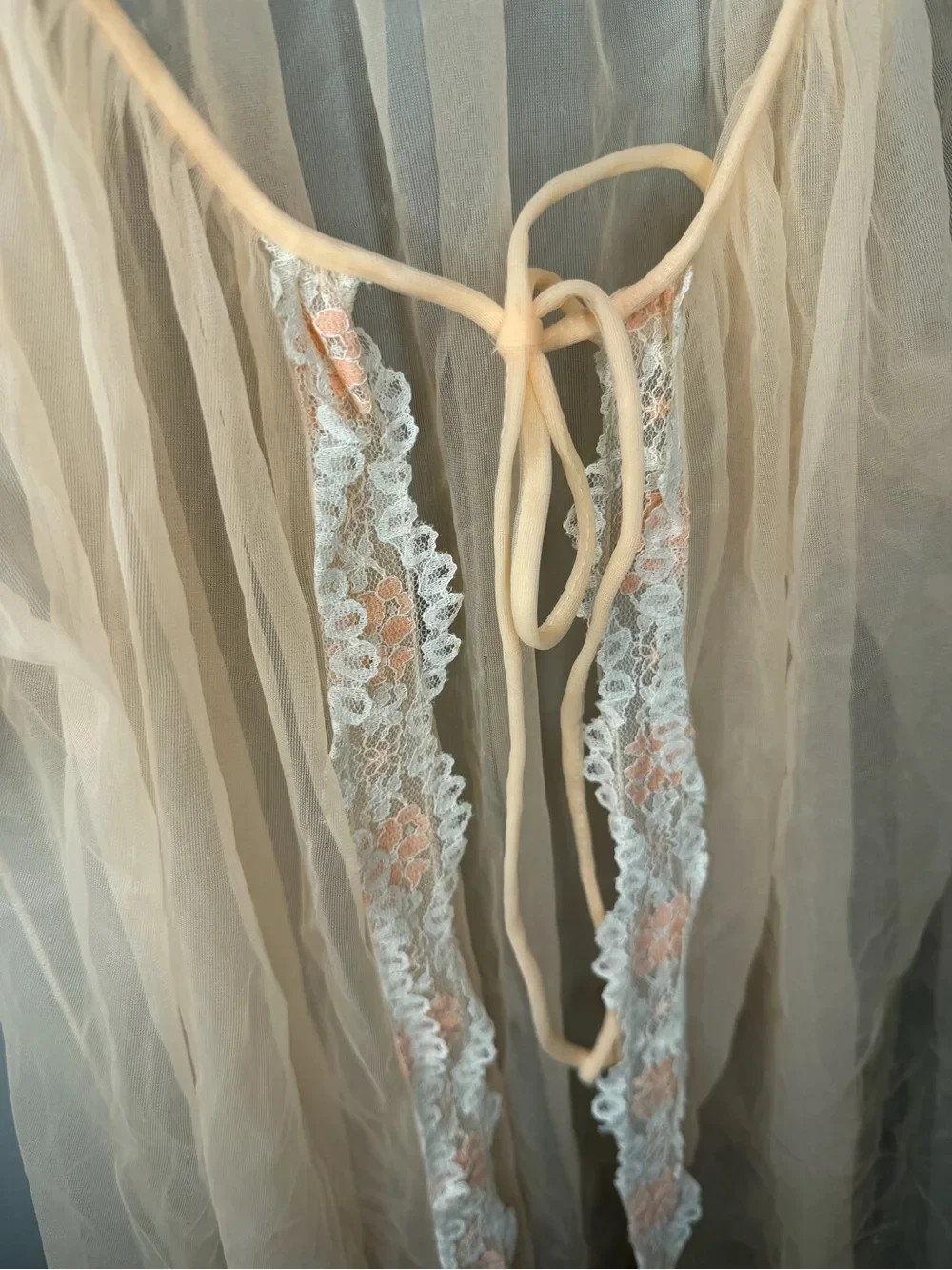Vintage Nylon Mesh Lace Lined Tie Front Robe, Peaches and Cream OS