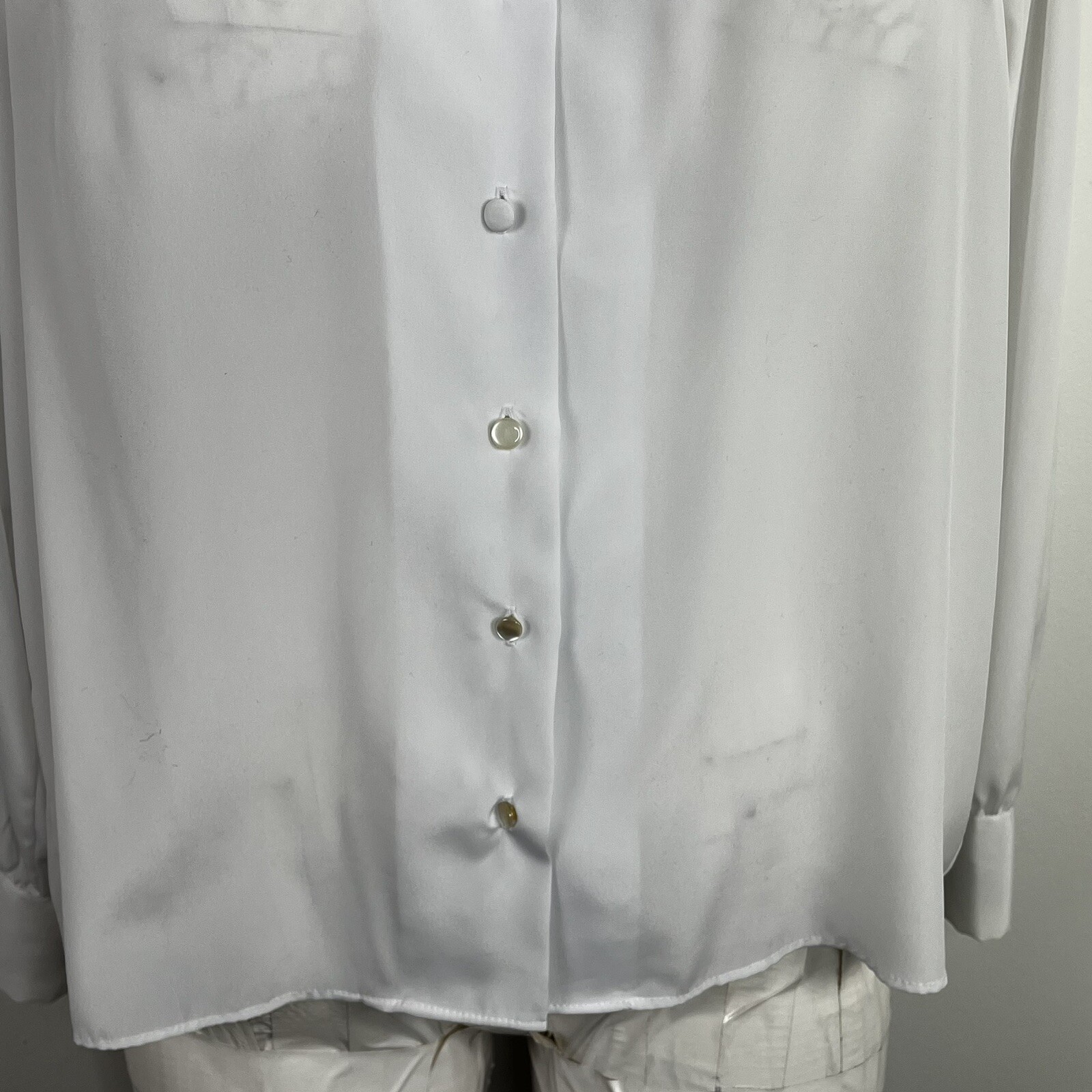 E.H. Woods White Bow Blouse sz 14 Button Up Parisian Minimalist VINTAGE DU42