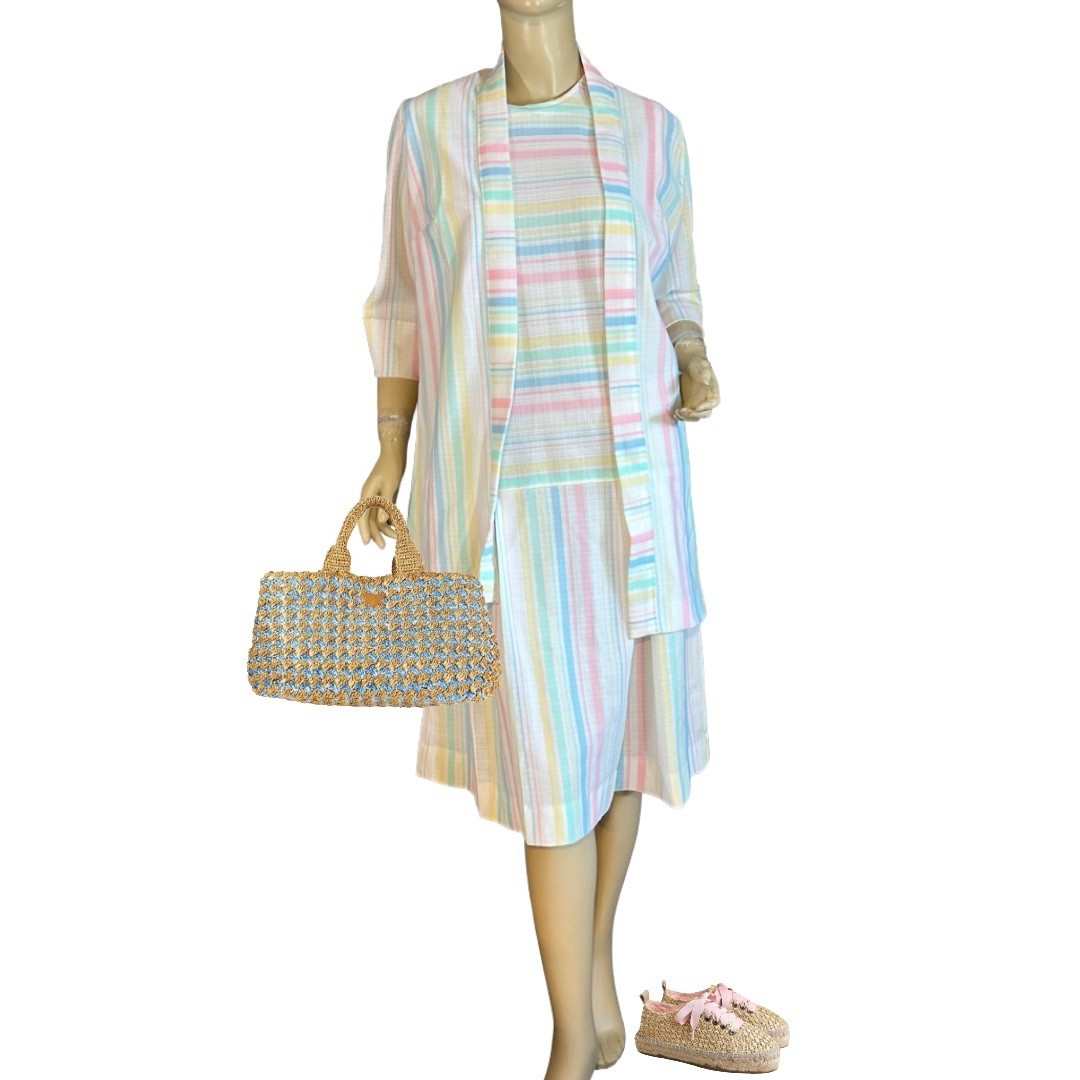 VINTAGE CIRCA 1970’S WHITE W/PASTEL STRIPES DROP WAIST DRESS SET SZ APPX MED