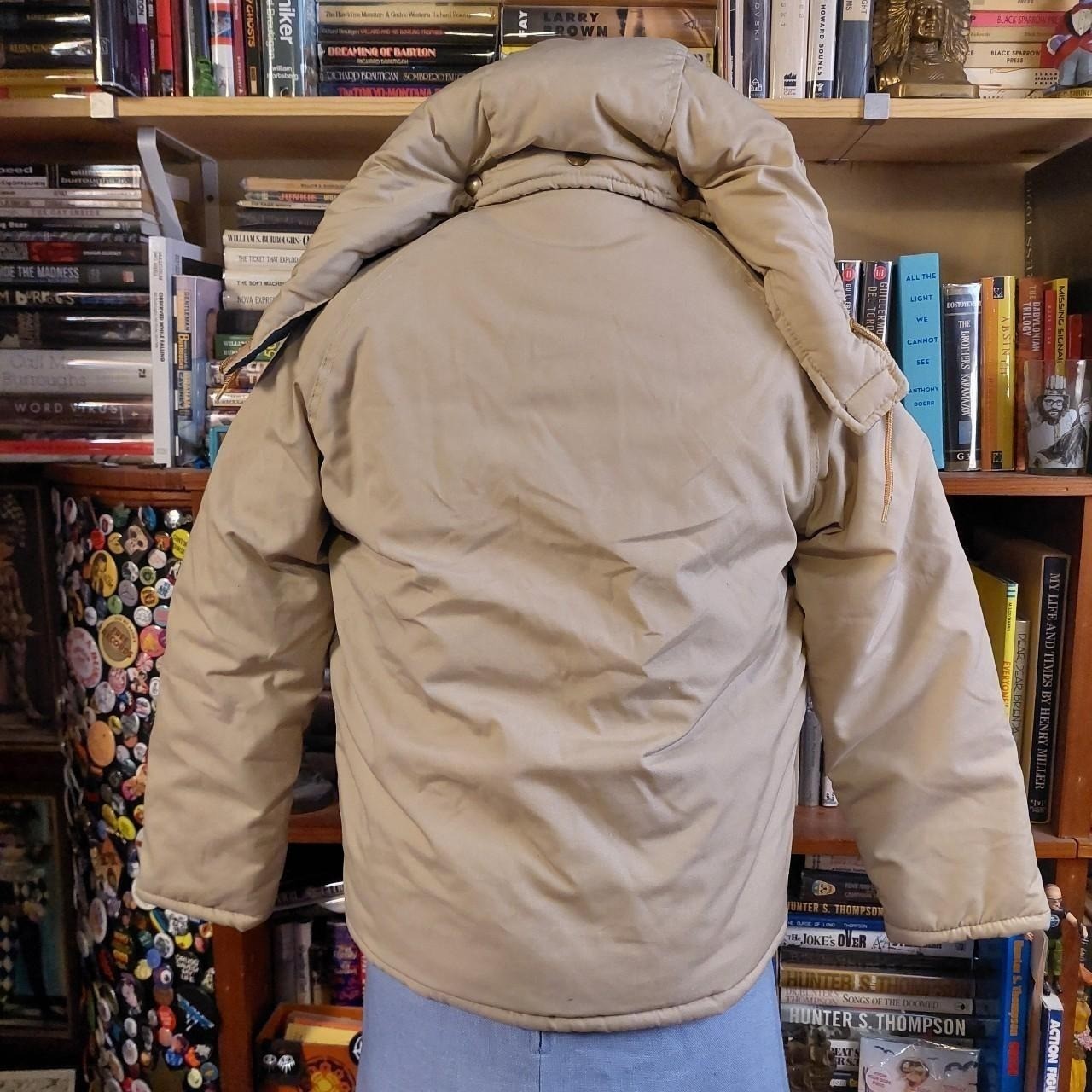 Vintage JCPenny tan and navy puffer with double zipper and removeable hood.