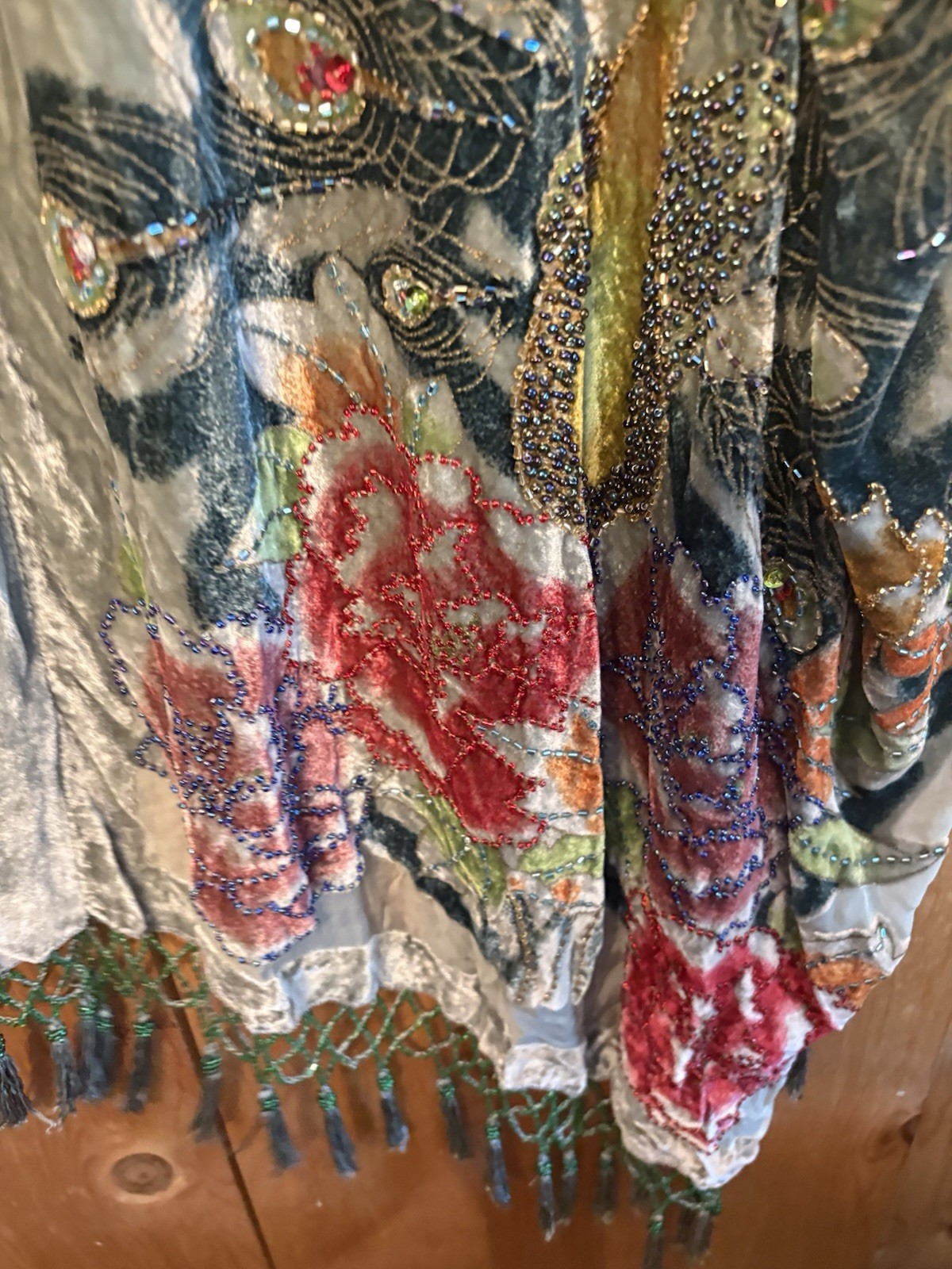 Kimono Duster Jacket Peacock Floral Velvet Beaded Burnout Coverup OS L/XL/1X/2X