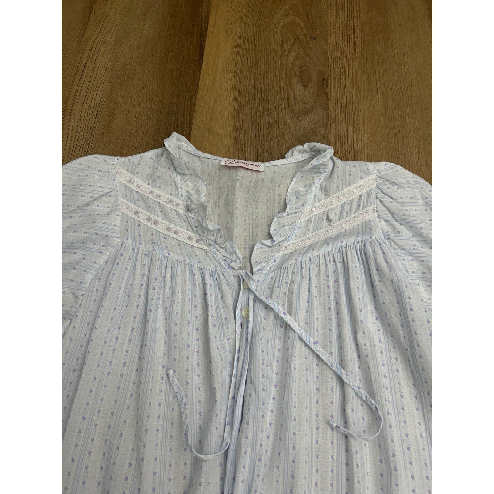 Brandywine Vtg Floral Stripe Nightgown Blue Purple Lace Ruffle cottage L