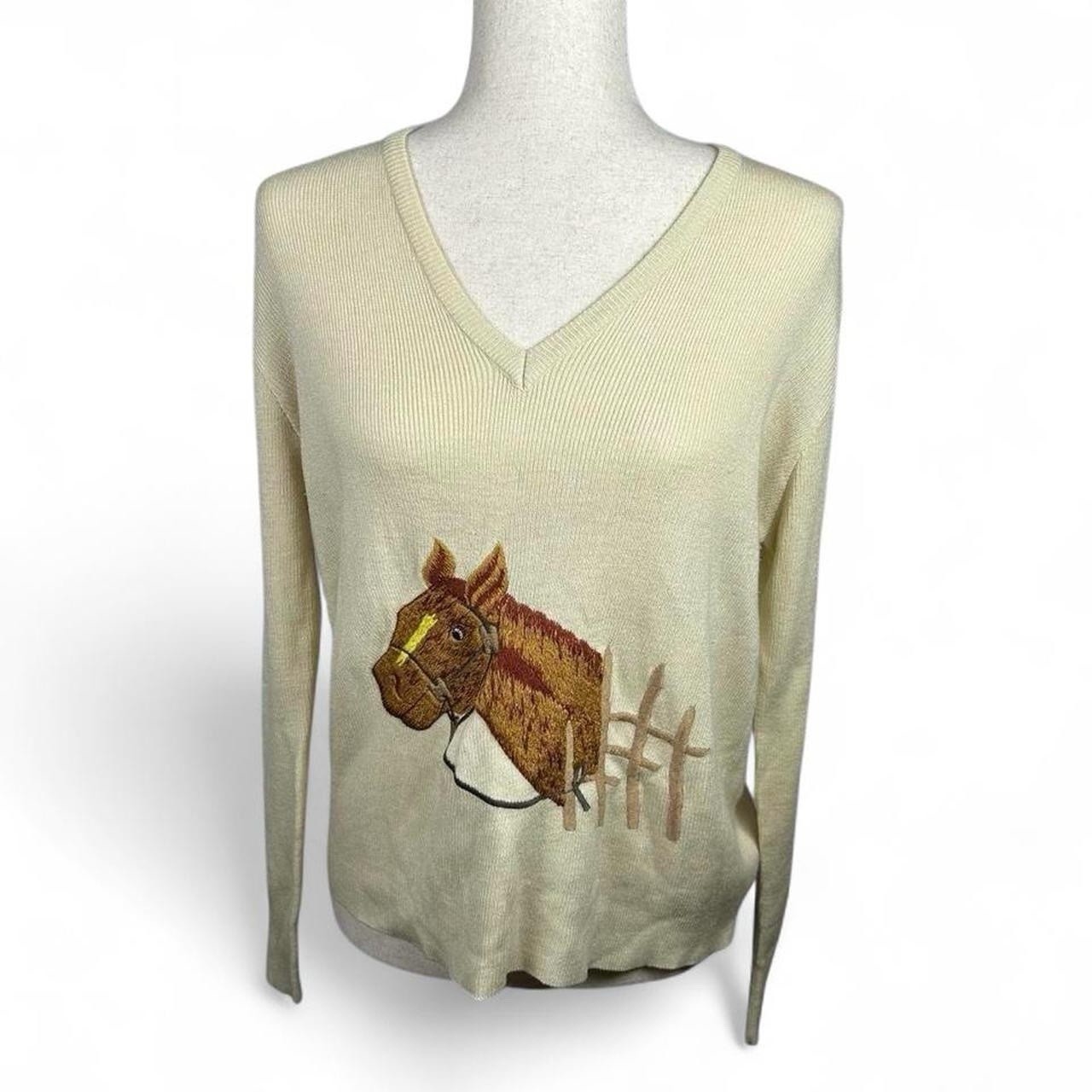 VTG 70s LeRoy Knitwear Horse Sweater Women’s M Cream Acrylic Equestrian Retro