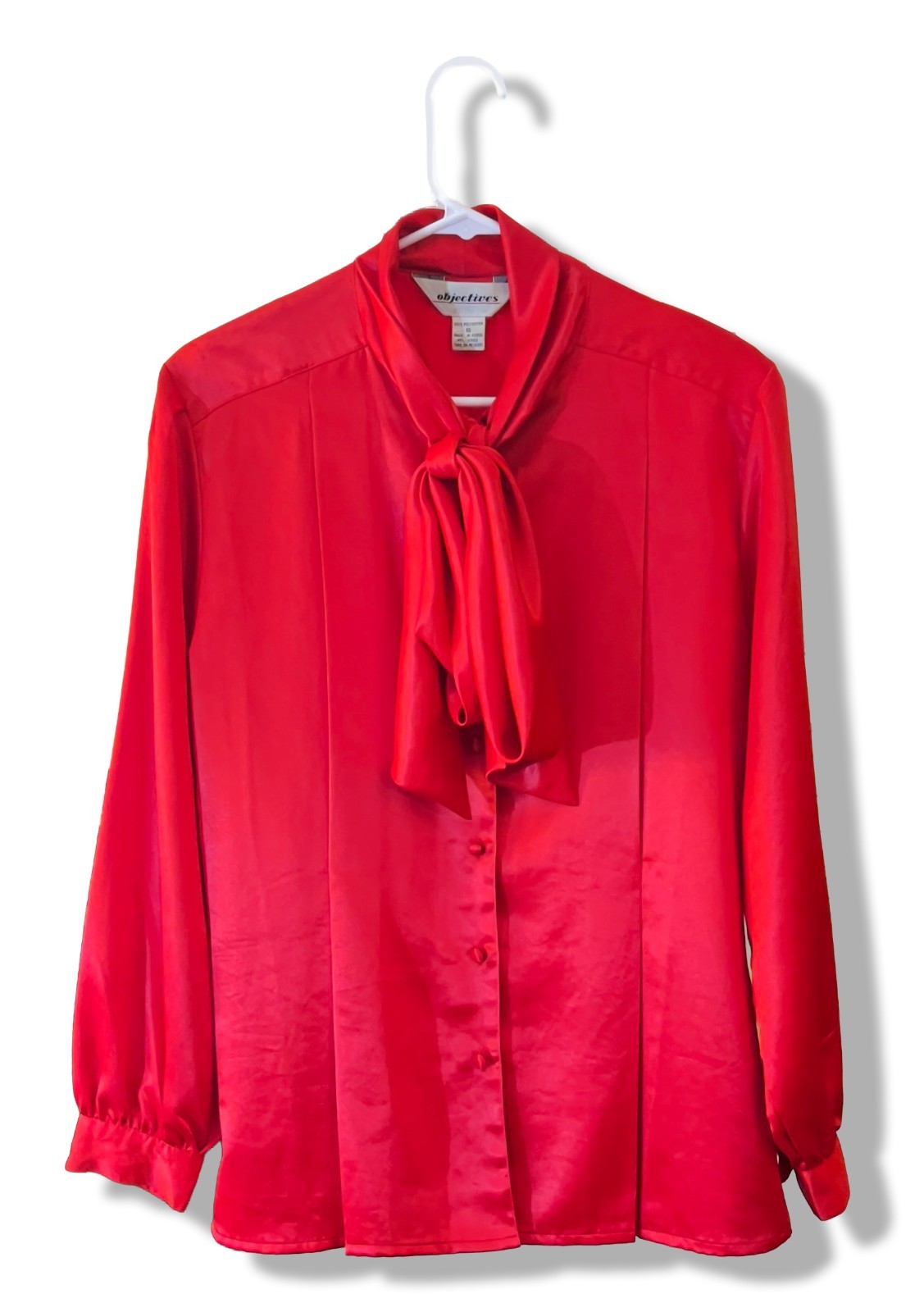 Vintage 80s Objectives Red Satin Pussy Bow Blouse Secretary Long Sleeve, Size 16