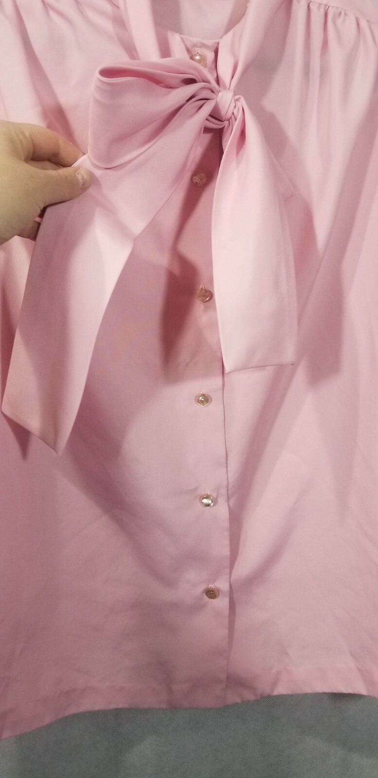 VTG Lea Mar Pink Secretarial Professional Bow Tie Button Up Blouse Rockabilly